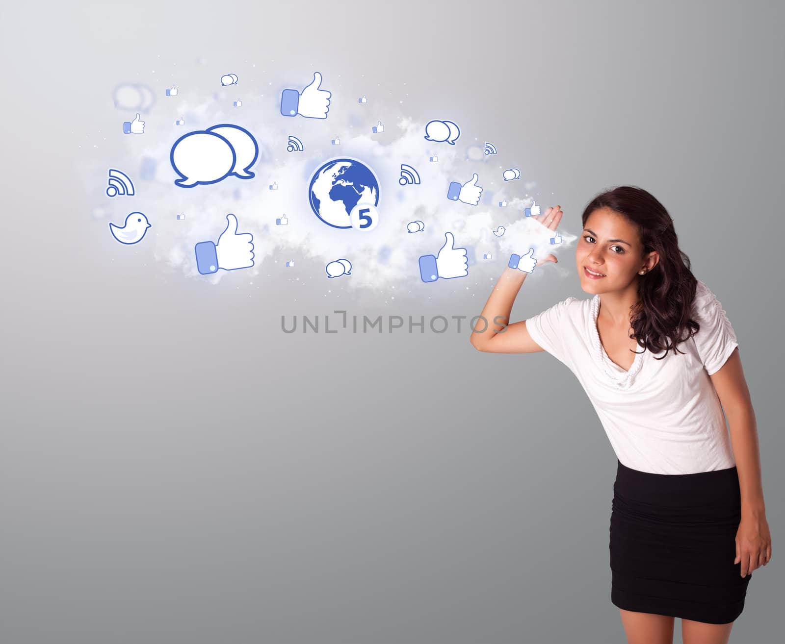 beautiful young woman gesturing with social network icons