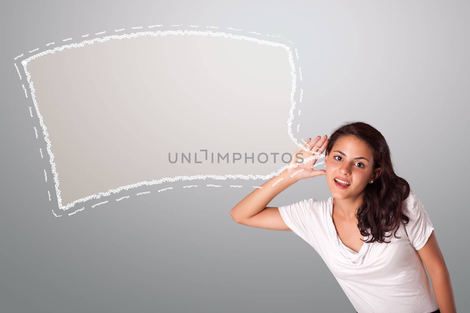 beautiful woman gesturing with abstract speech bubble copy space by ra2studio