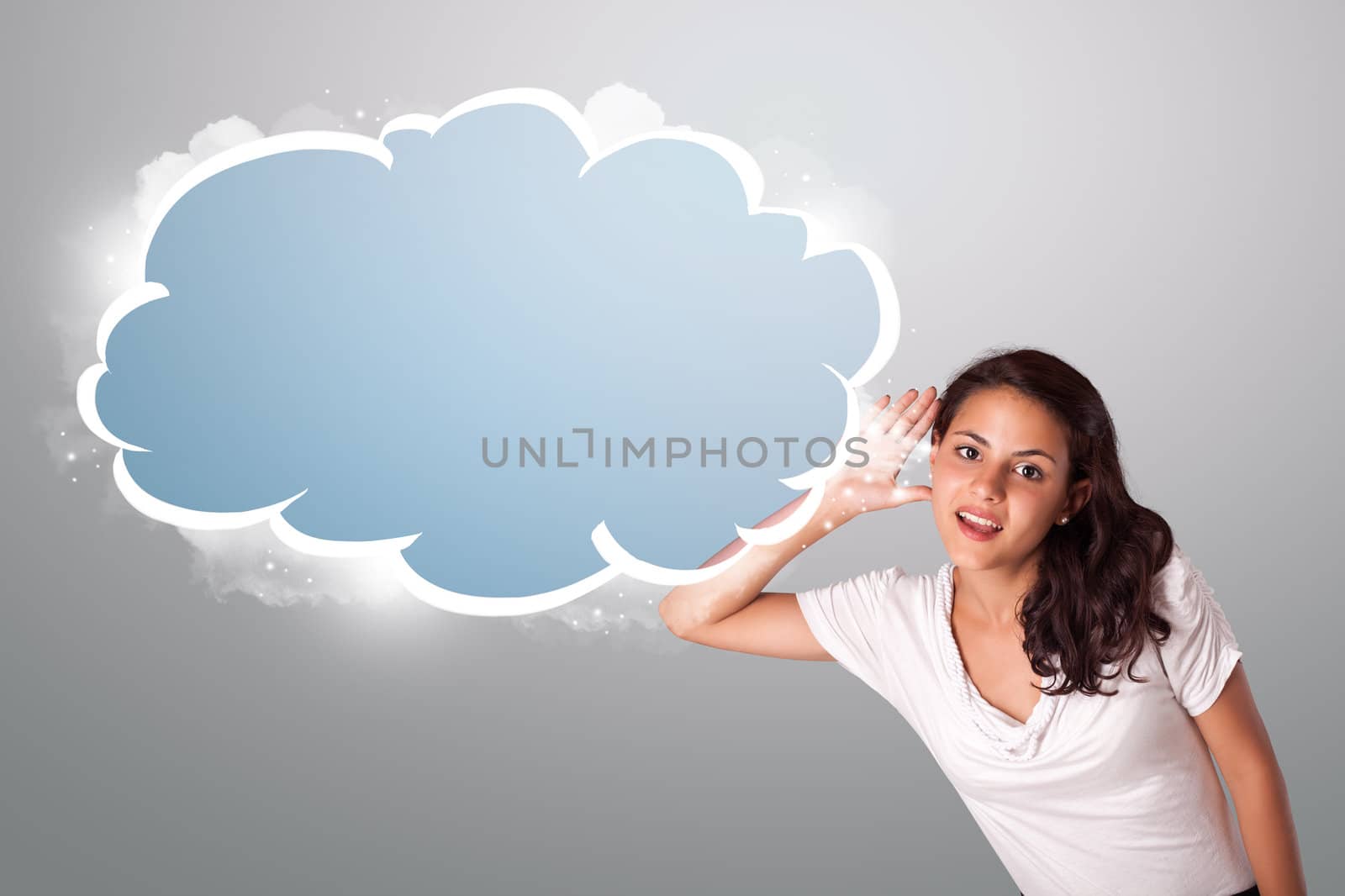 beautiful young woman gesturing with abstract cloud copy space
