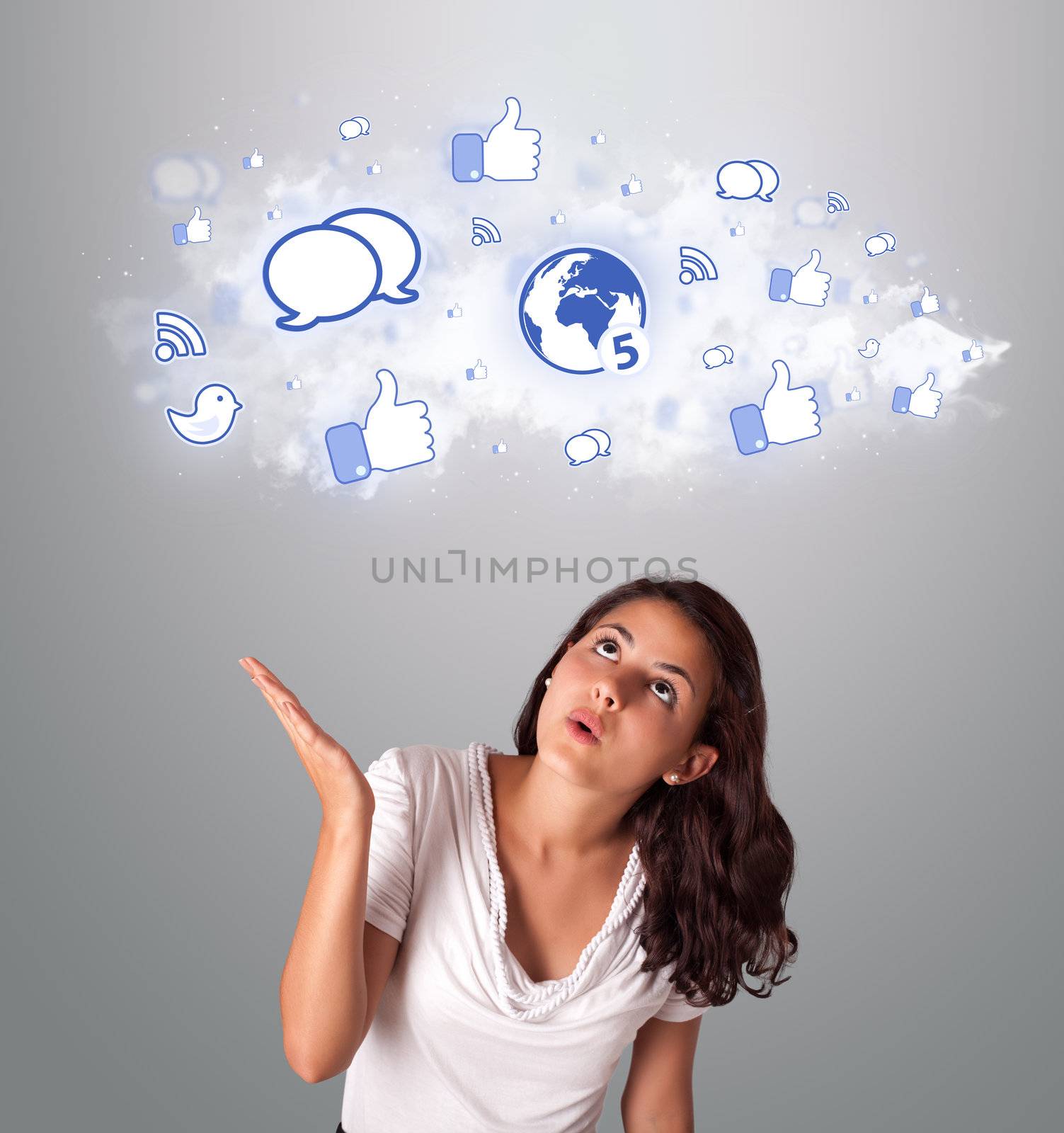 pretty woman looking social network icons in abstract cloud by ra2studio