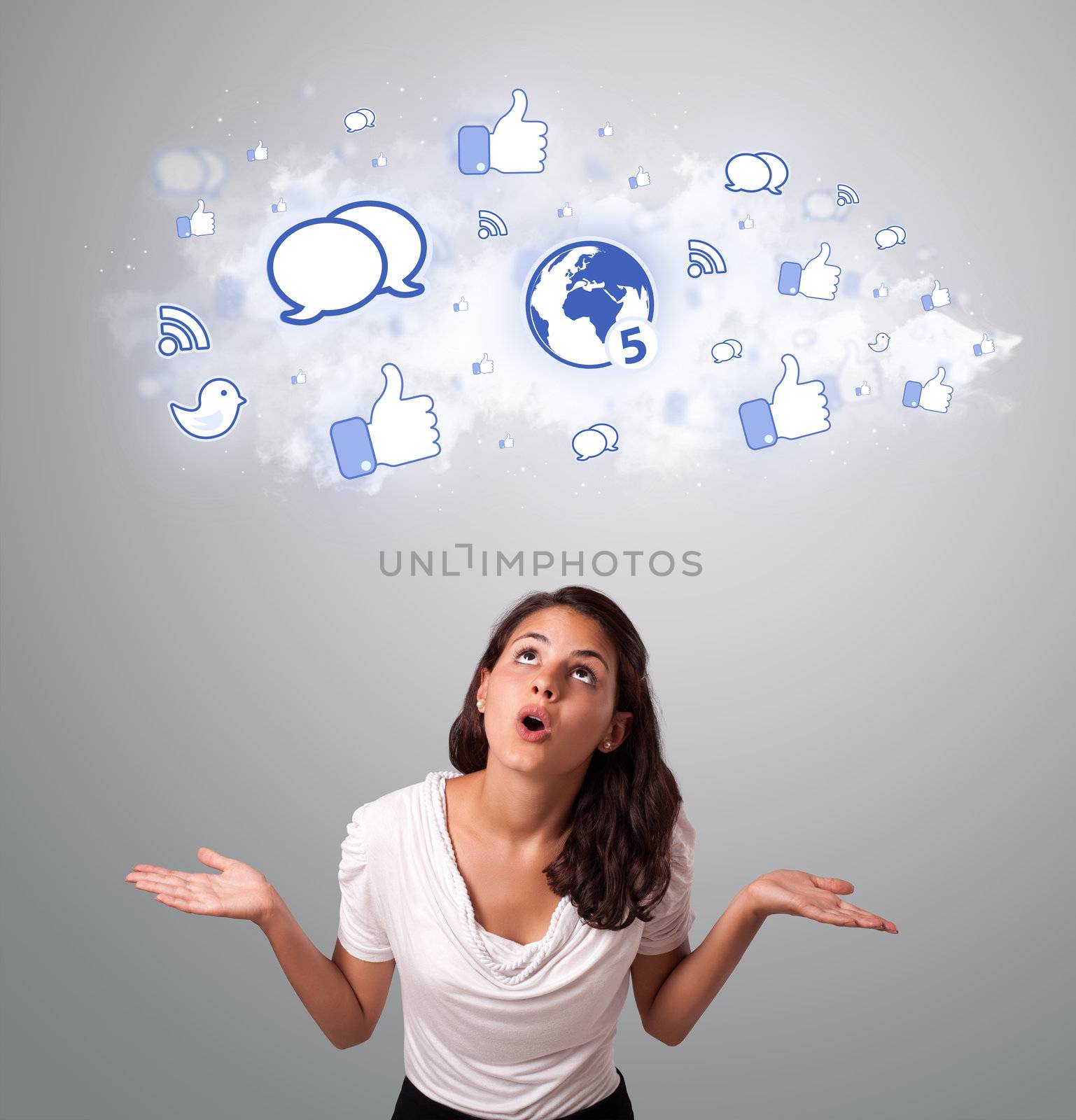 pretty woman looking social network icons in abstract cloud by ra2studio