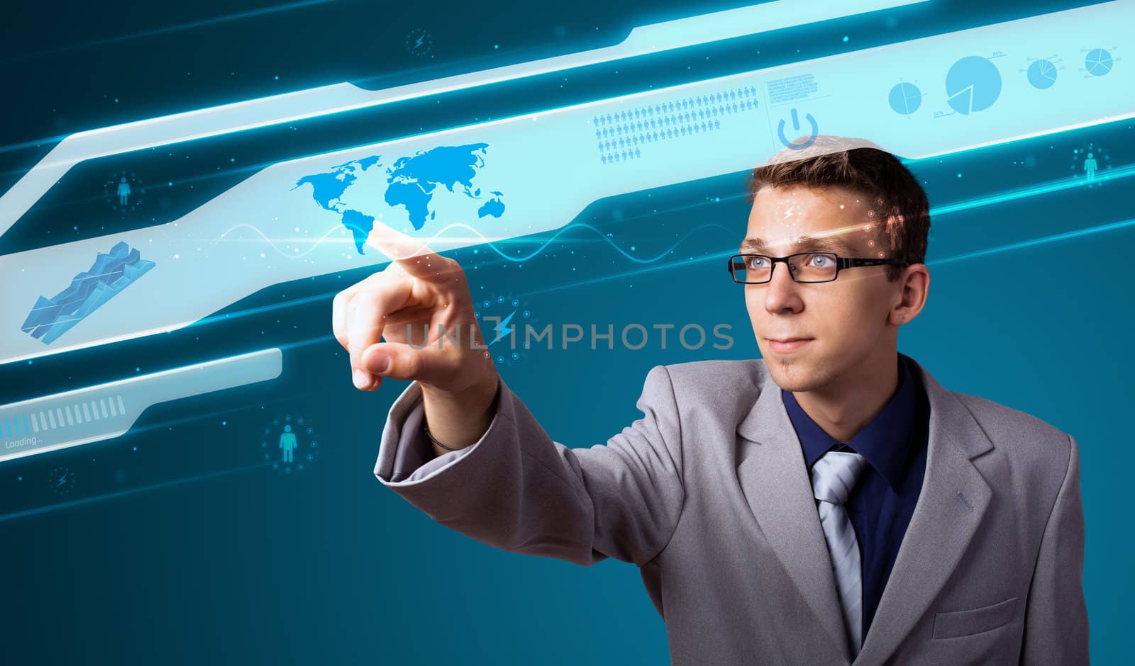 Businessman pressing high tech type of modern buttons on a virtual background