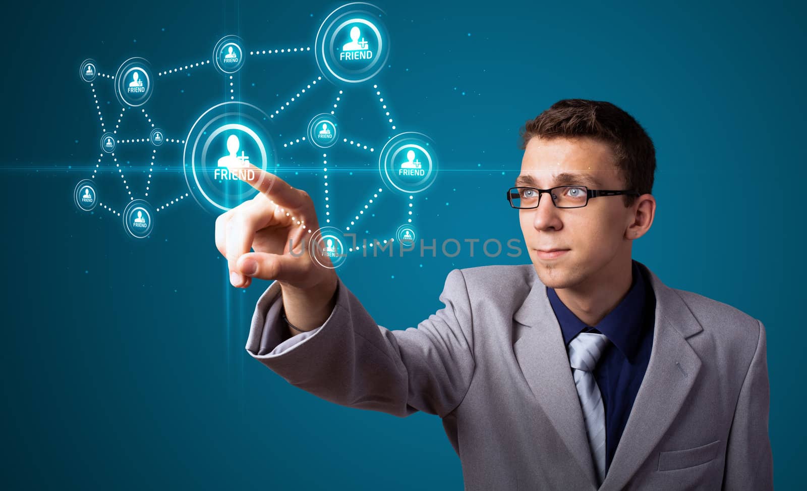 Businessman pressing modern social buttons on a virtual background