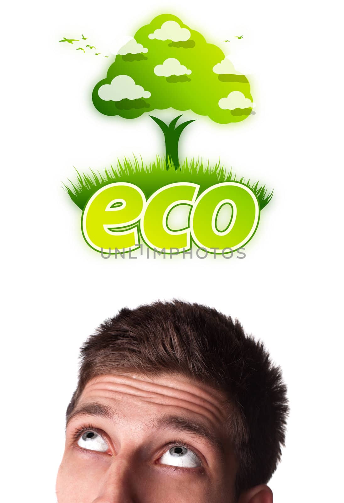 Young persons head looking at green eco sign