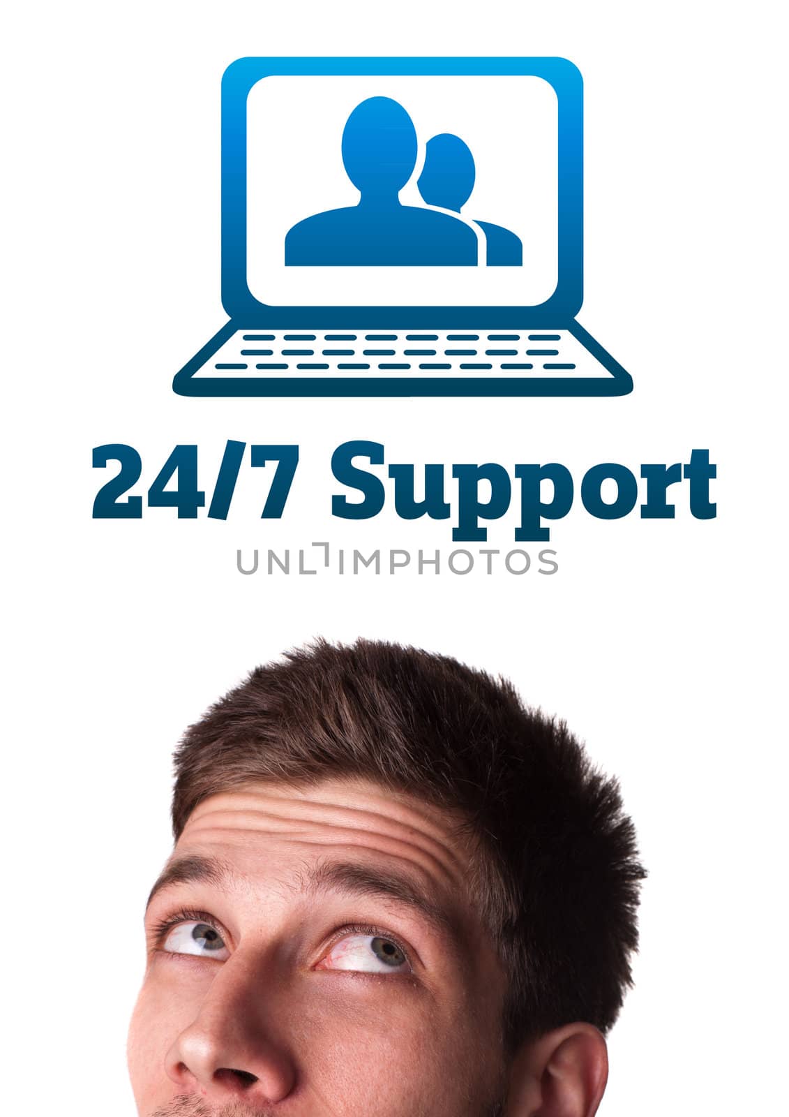 Young persons head looking with gesture at support contact type of icons and signs