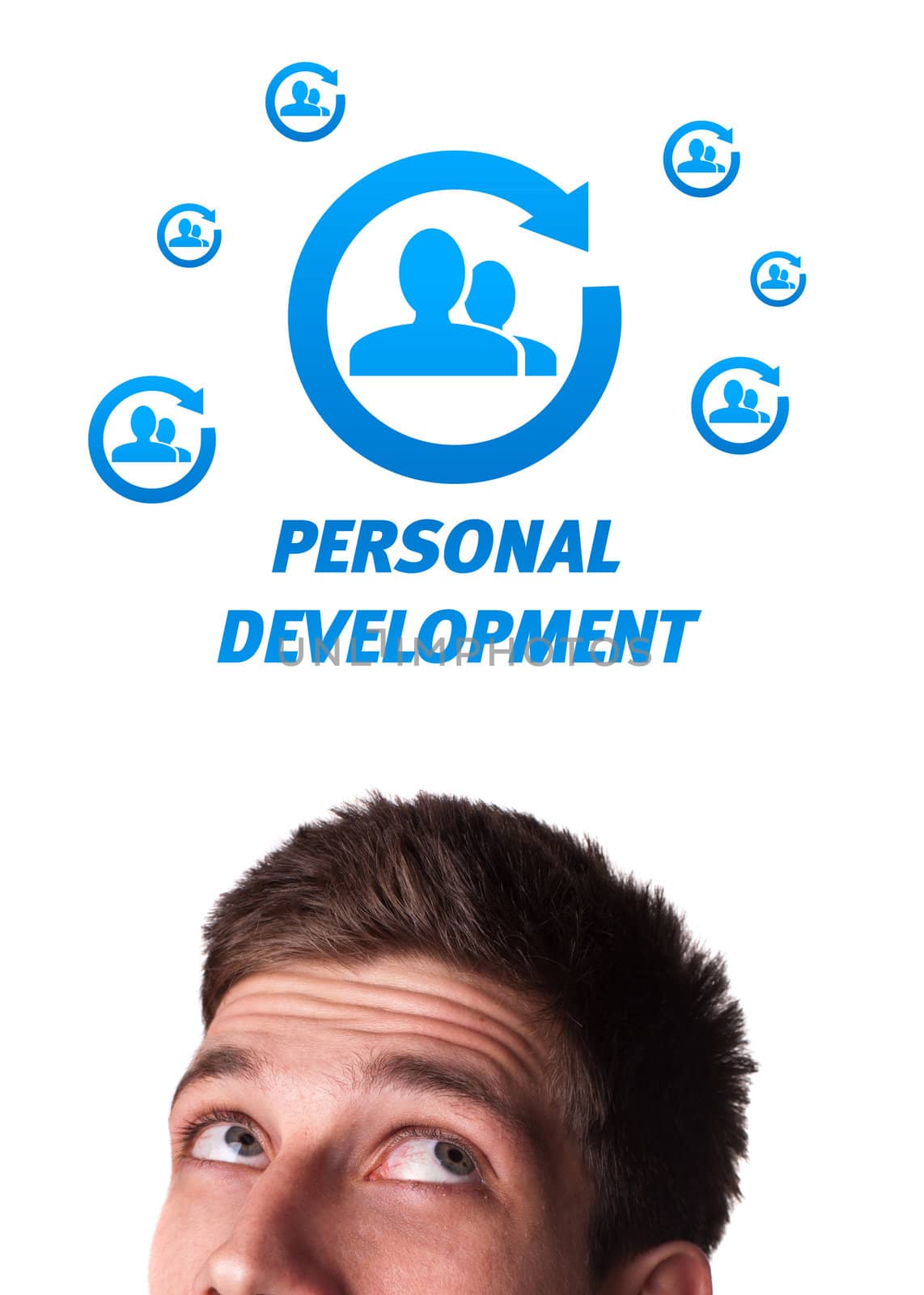 Young persons head looking with gesture at labor type of icons