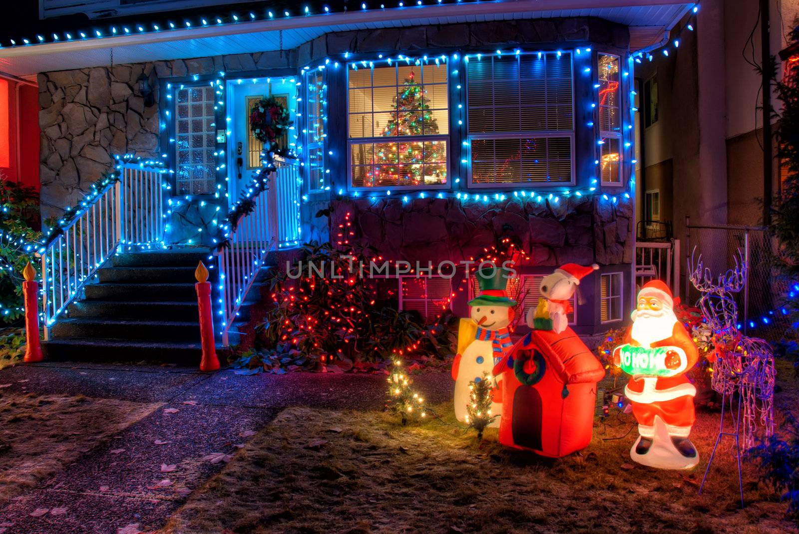 House Decorated with Christmas Lights and ornaments in front lawn