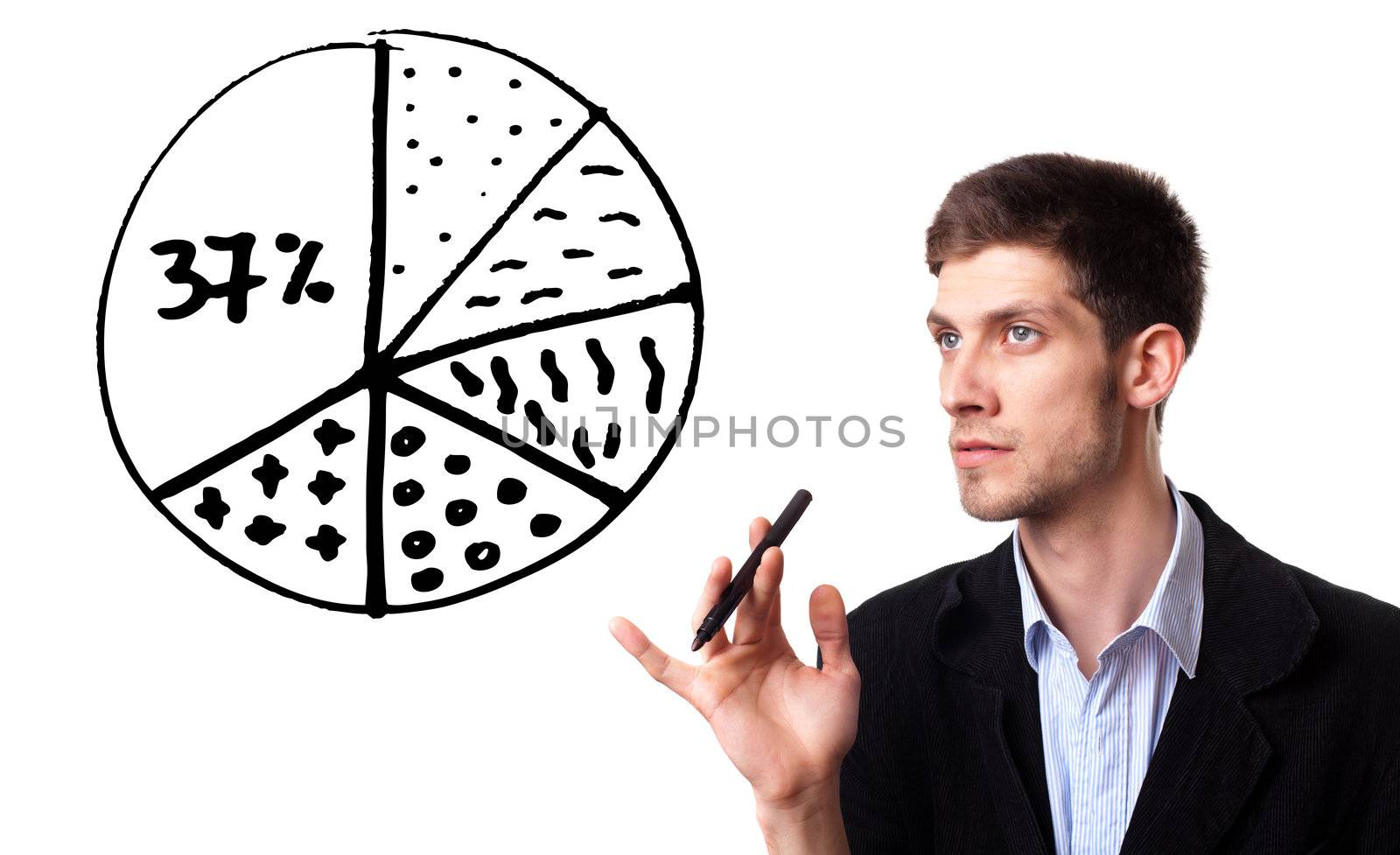 Businessman drawing pie chart in whiteboard by ra2studio