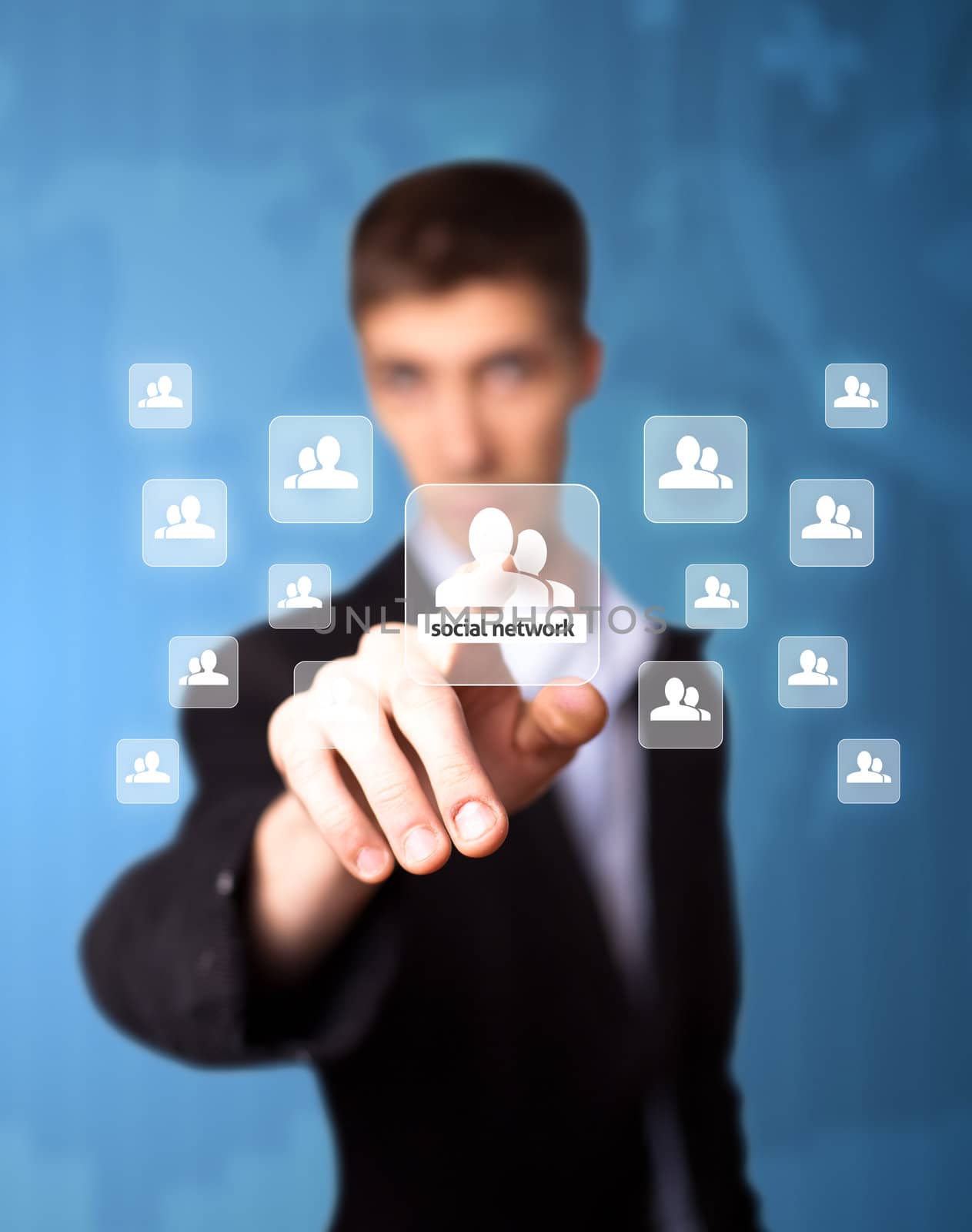 Man pressing social network icon, futuristic technology