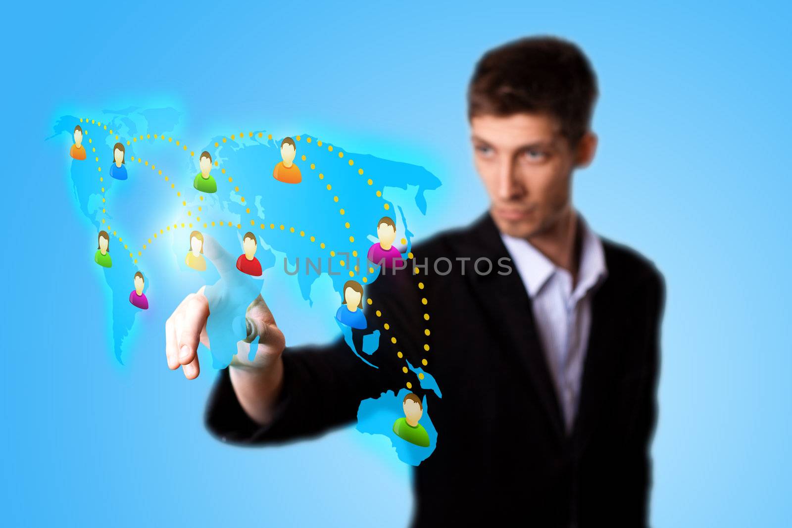 man hand pressing Social network icon. selective focus