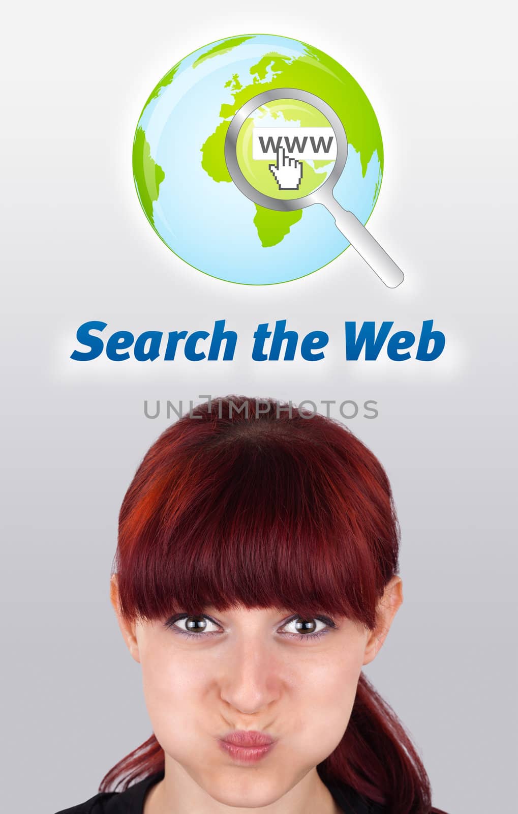 Young gril head looking with gesture at internet type of icons