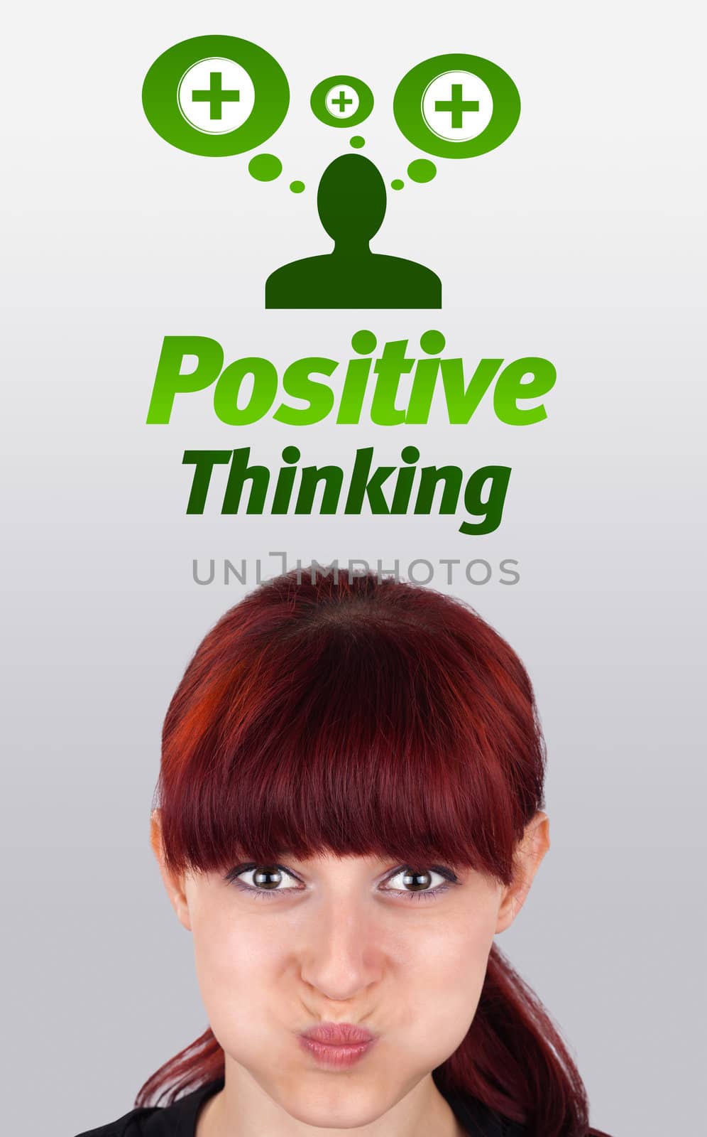 Young girl head looking with gesture at positive negative signs