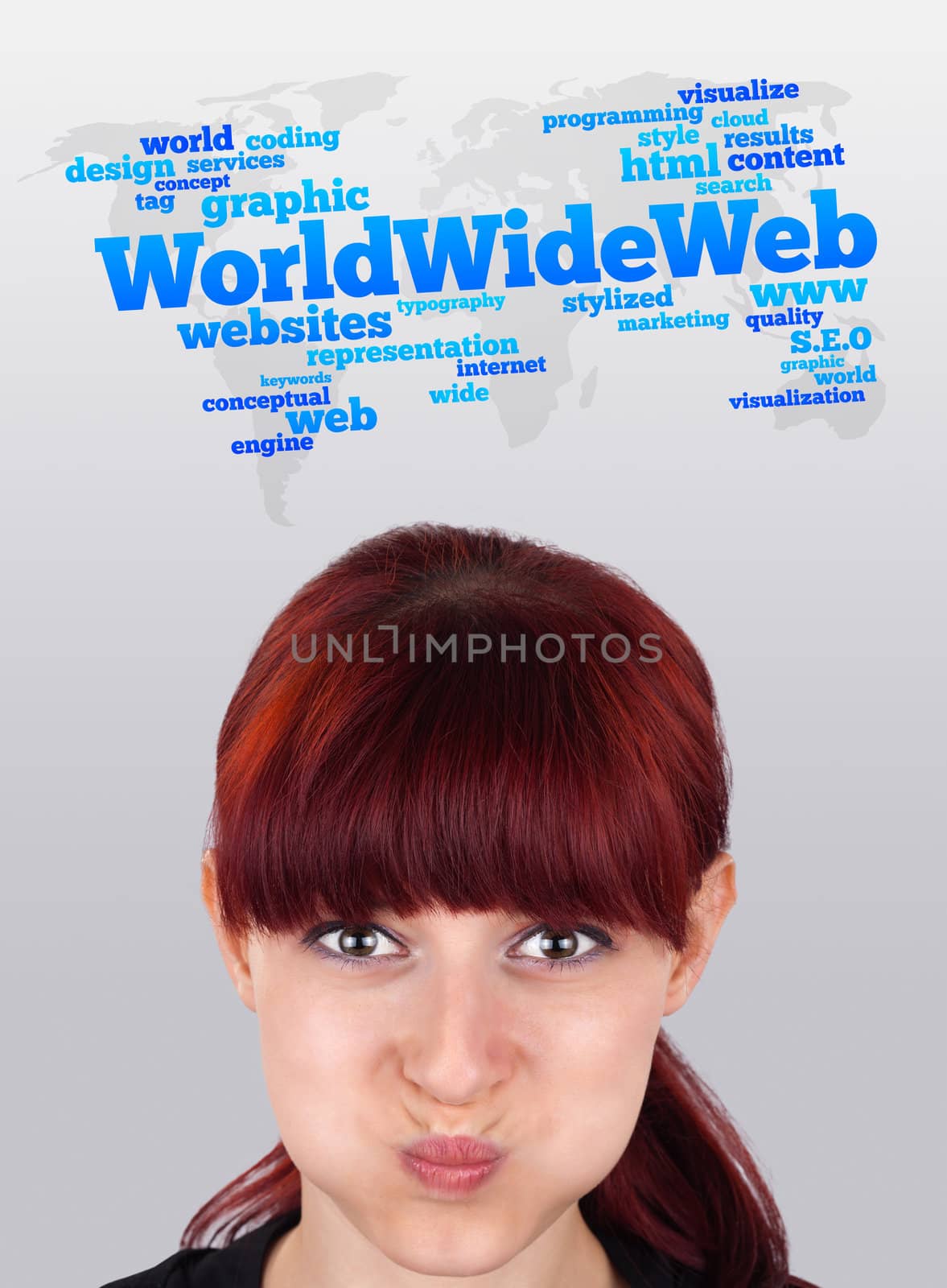 Young gril head looking with gesture at internet type of icons