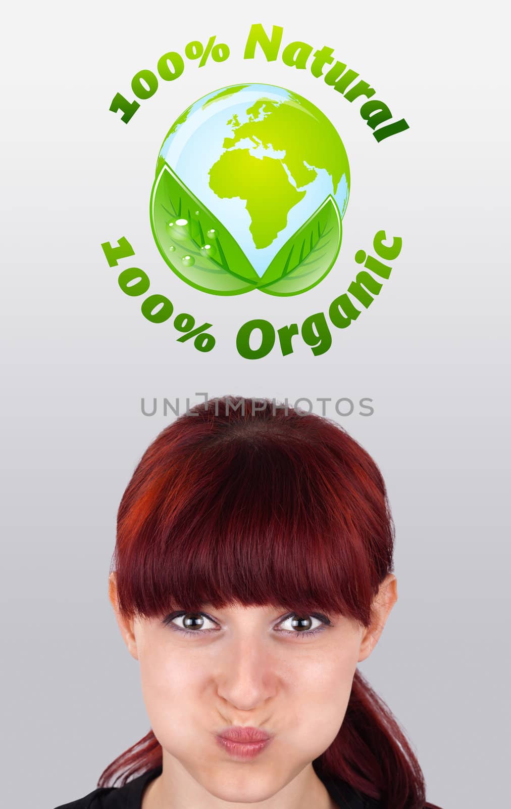 Young girl head looking at green eco sign