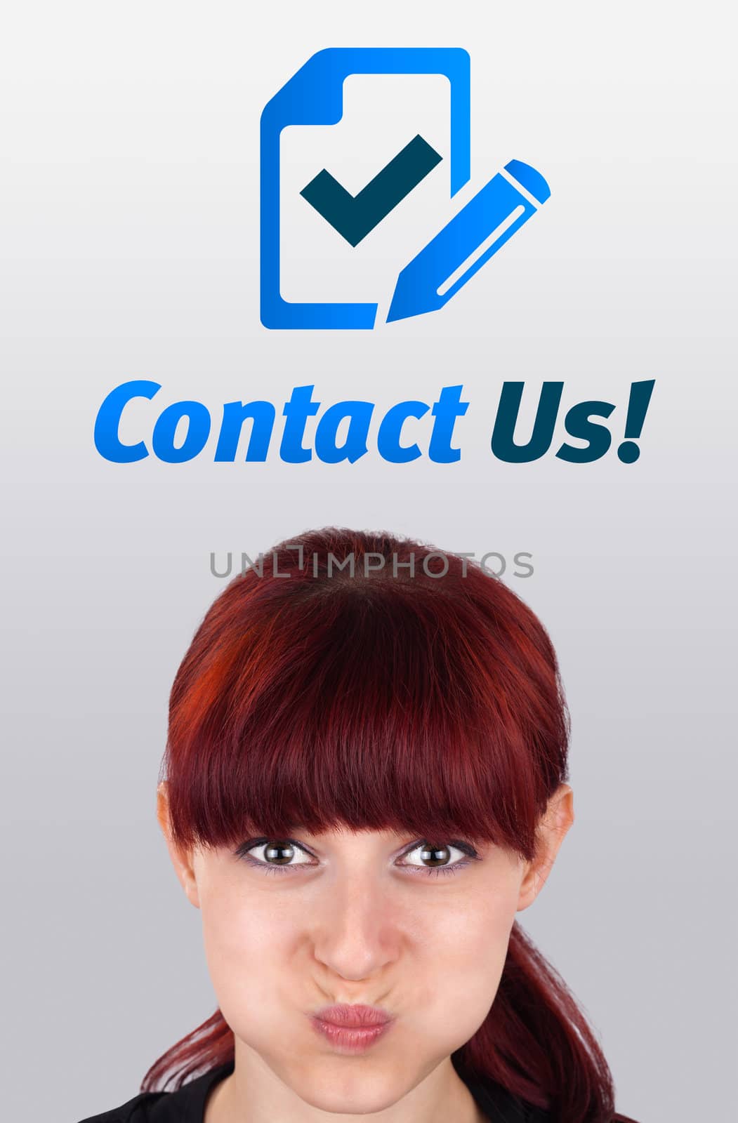 Young girl head looking with gesture at support contact type of icons and signs