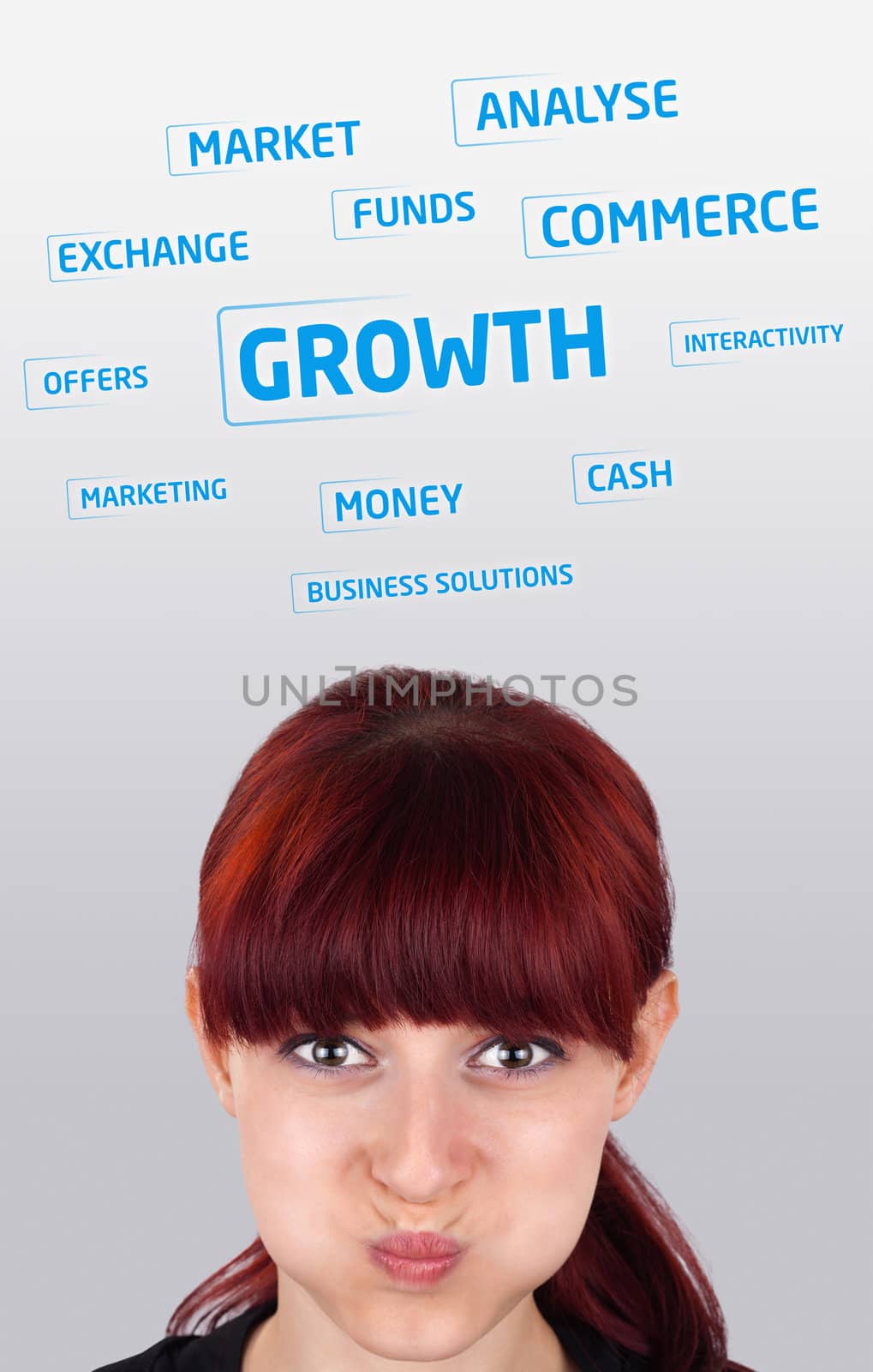 Young girl head looking at business icons and images