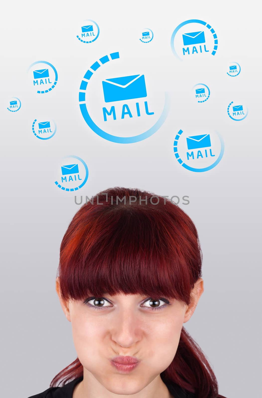 Young girl head looking with gesture at support contact type of icons and signs