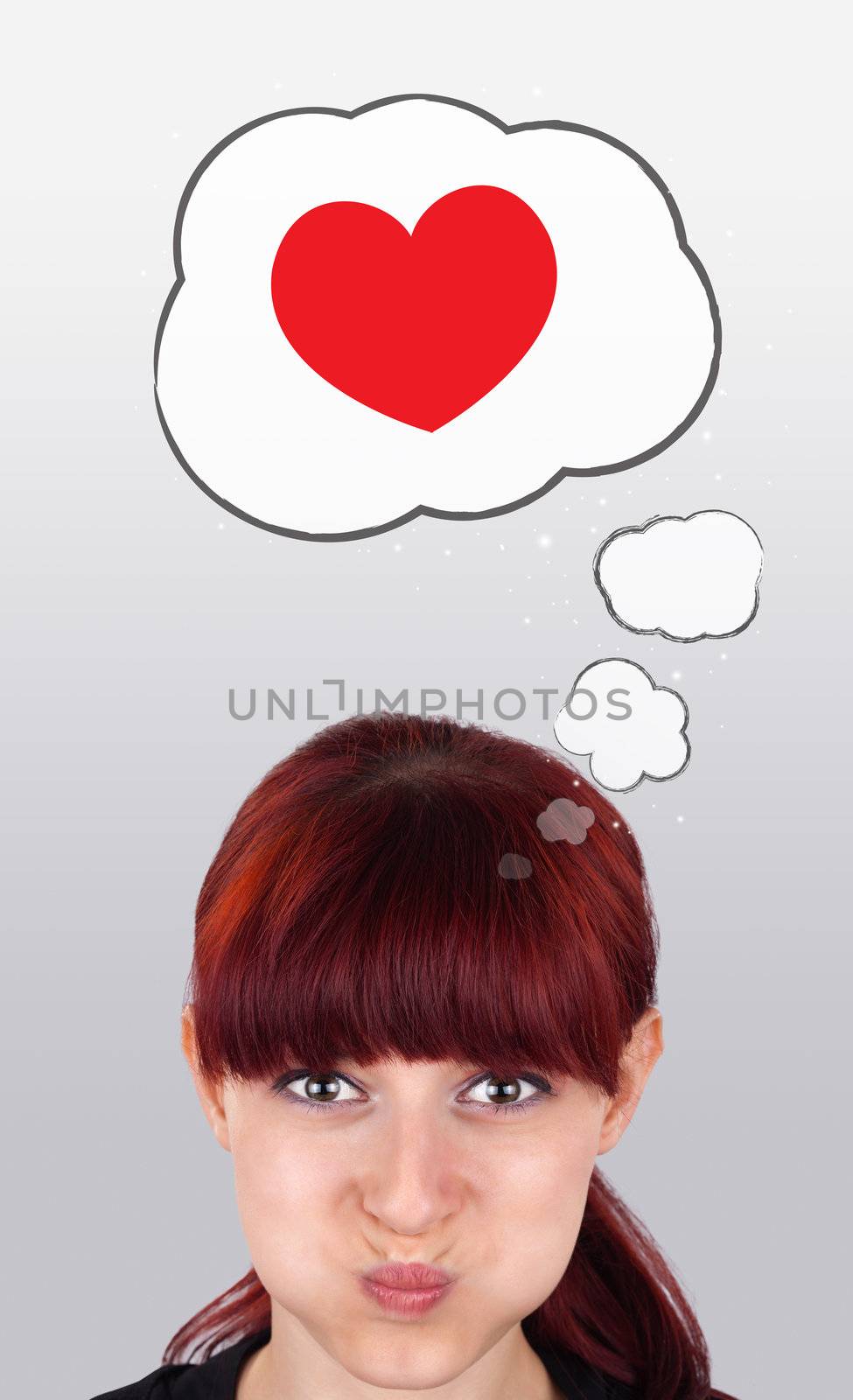 Young girl looking at love type of icons by ra2studio