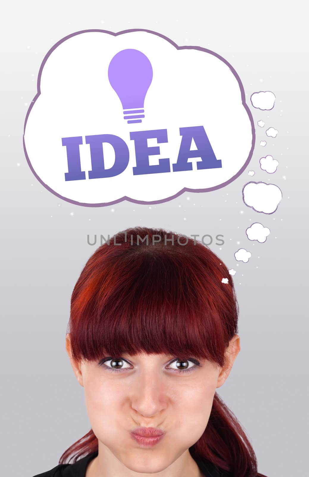 Young girl head looking with gesture at idea type of sign