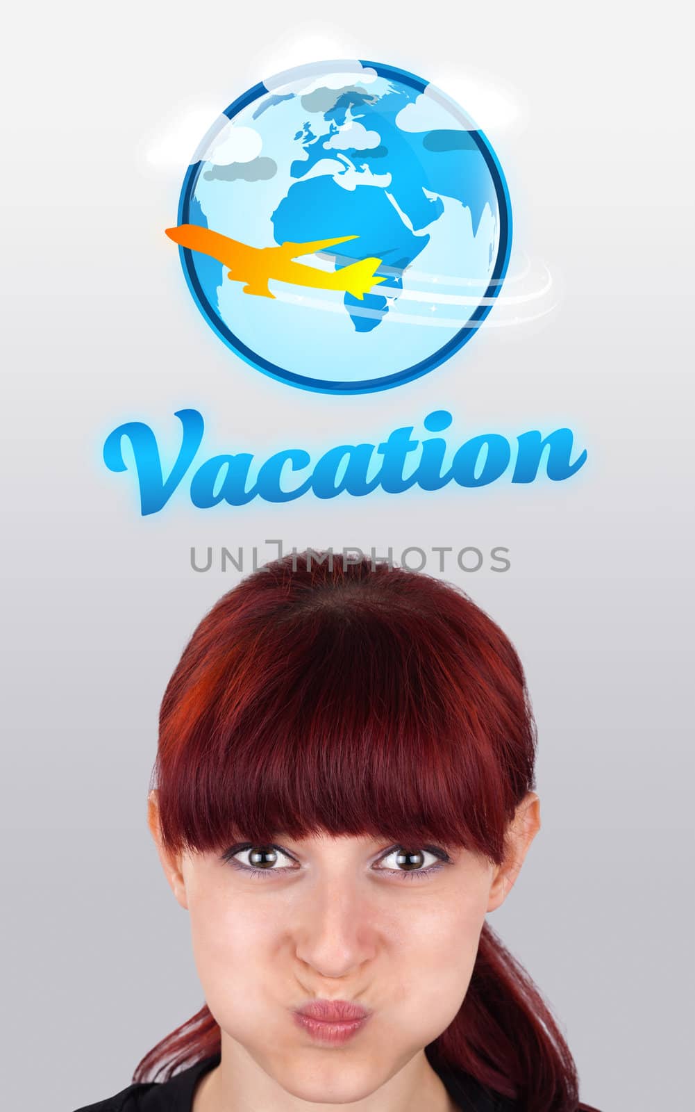 Young girl looking at vacation type of sign by ra2studio