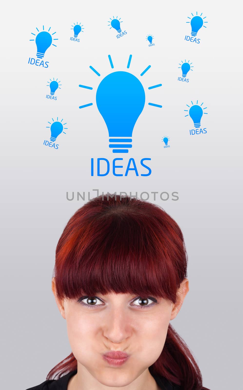 Young girl head looking with gesture at idea type of sign