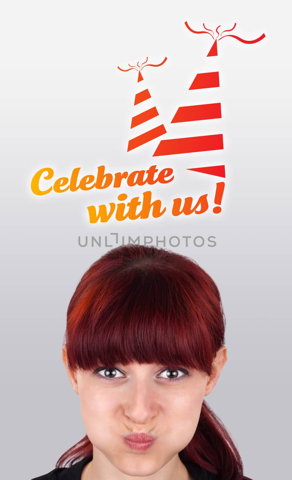 Young girl head looking with gesture at party icons and sign