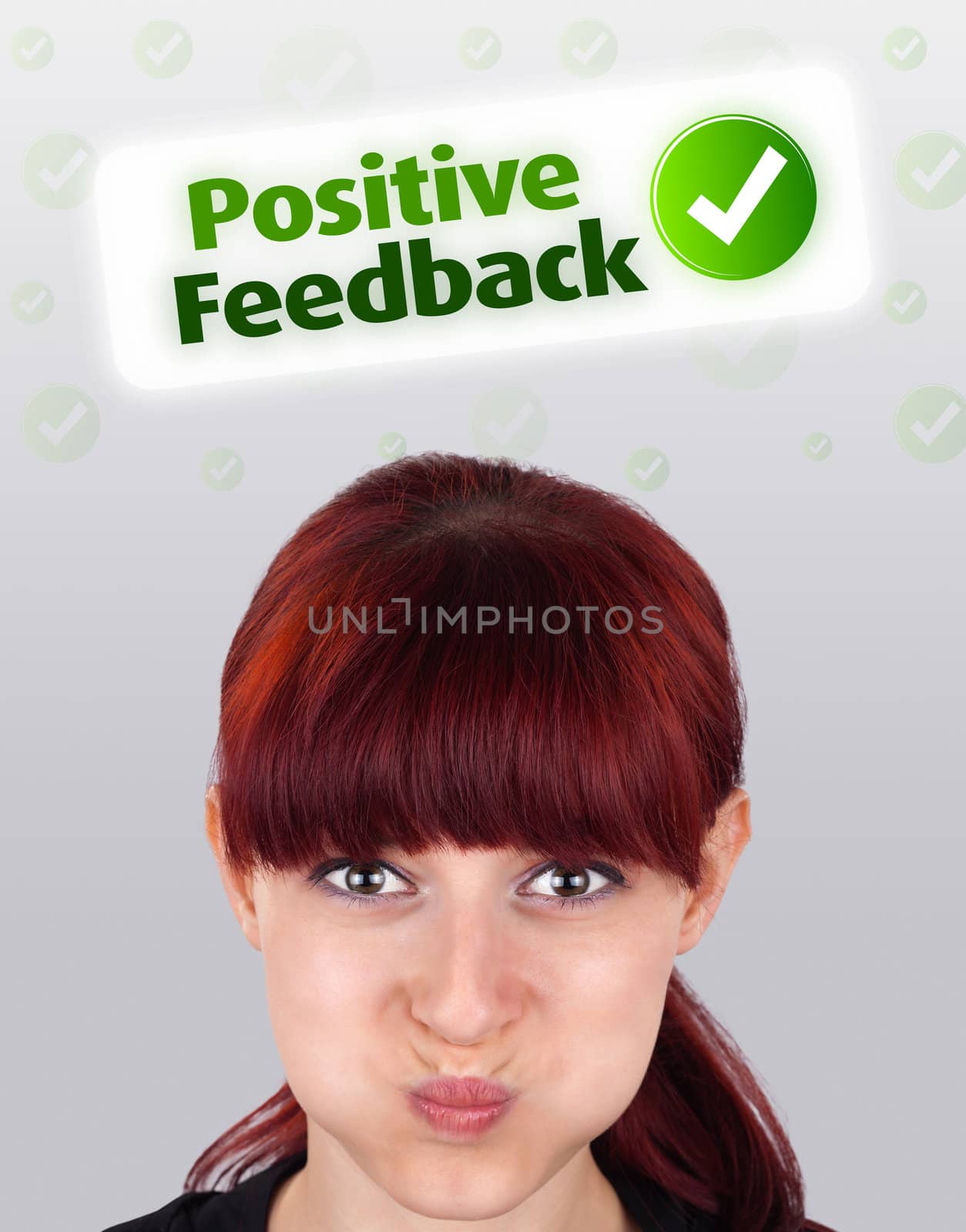 Young girl head looking with gesture at positive negative signs