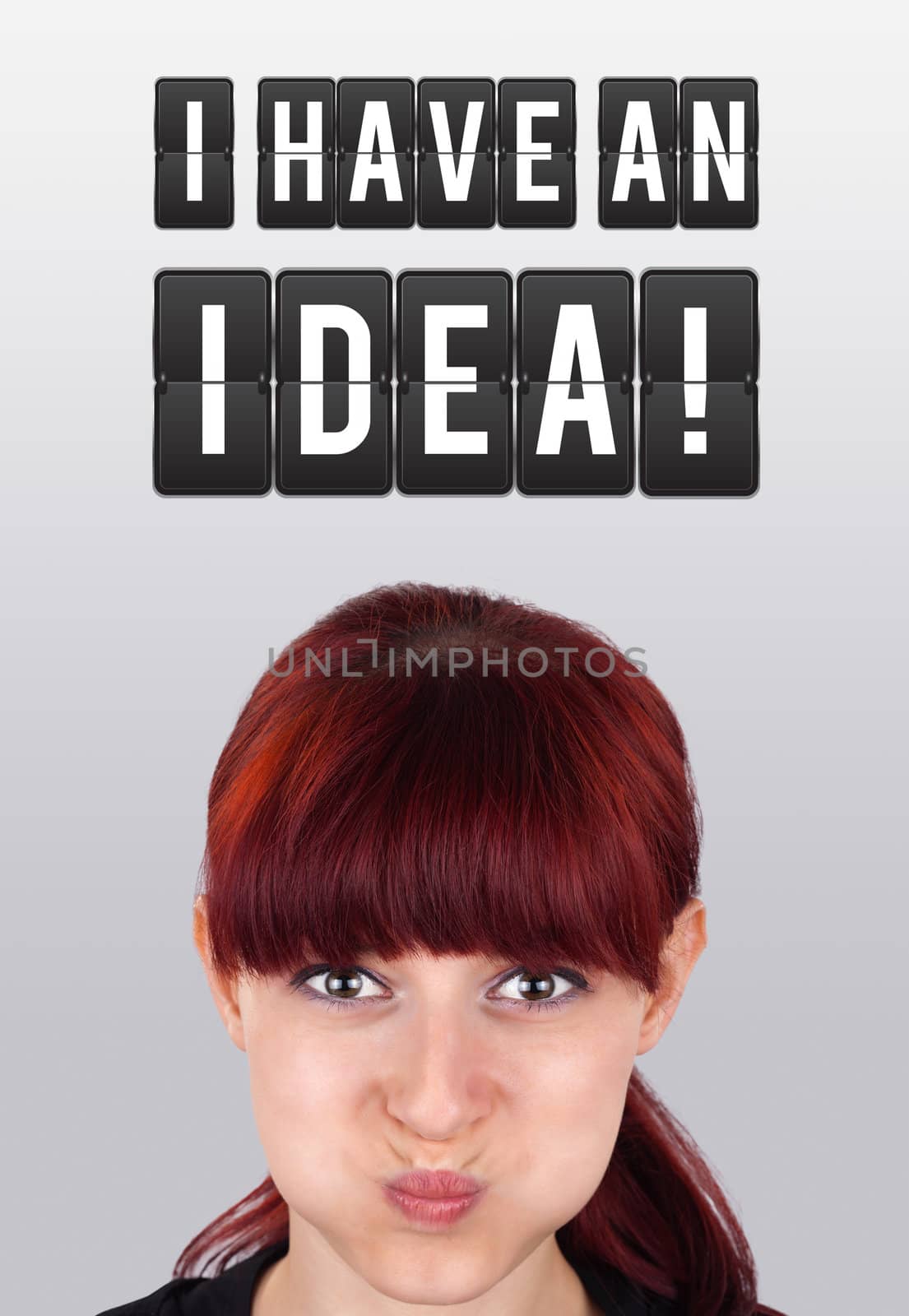 Young girl head looking with gesture at idea type of sign