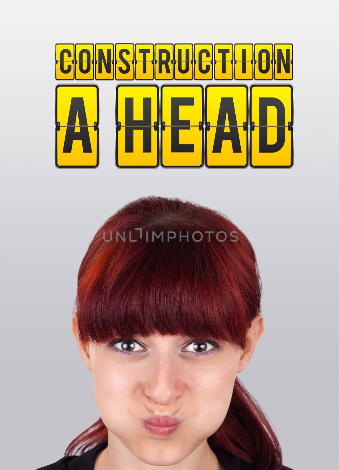 Young girl head looking with gesture at idea type of sign