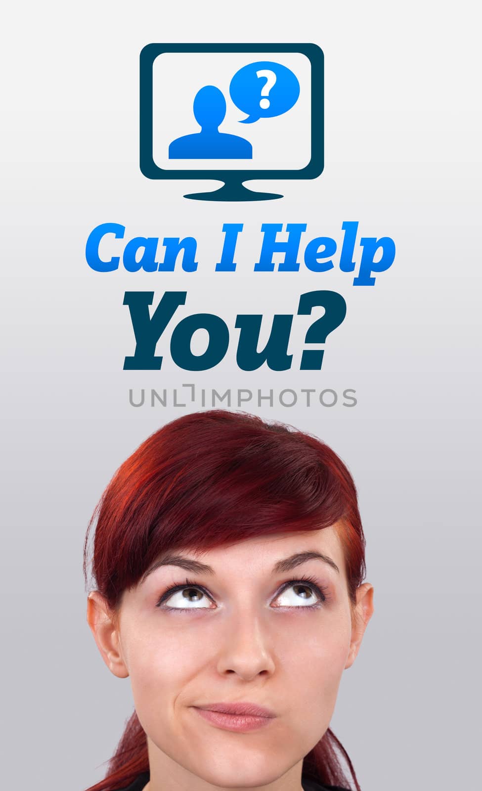 Young girl head looking with gesture at support contact type of icons and signs