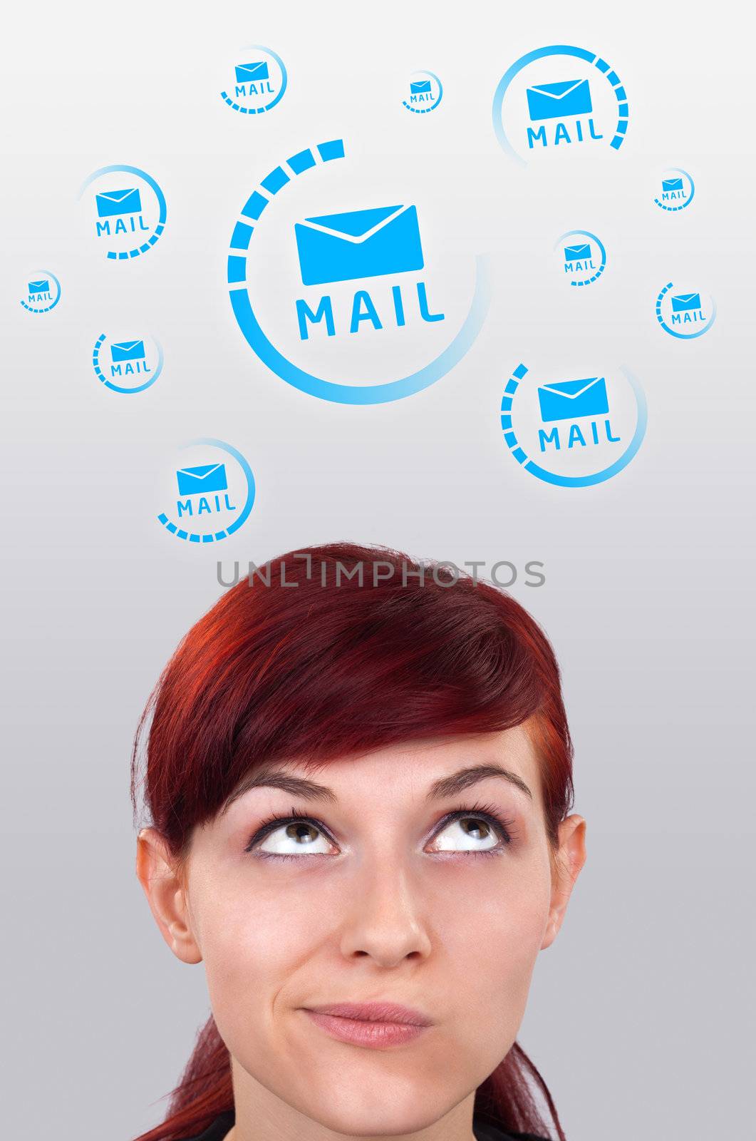 Young girl head looking with gesture at support contact type of icons and signs