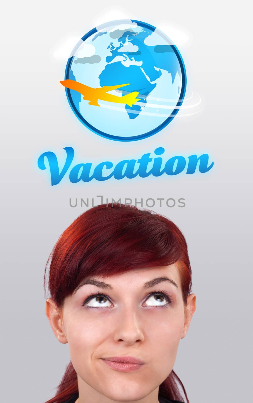 Young girl looking at vacation type of sign by ra2studio