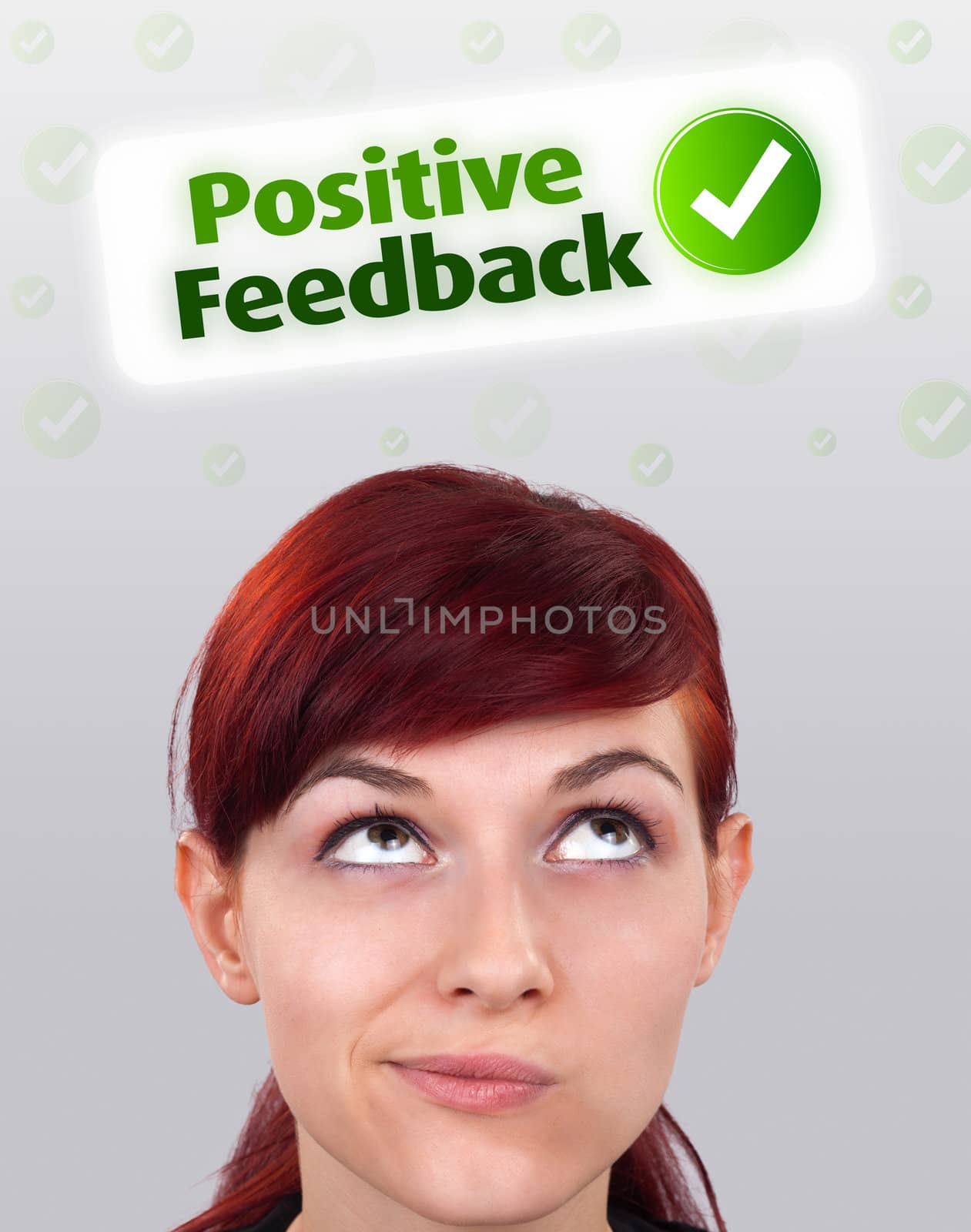 Young girl head looking with gesture at positive negative signs