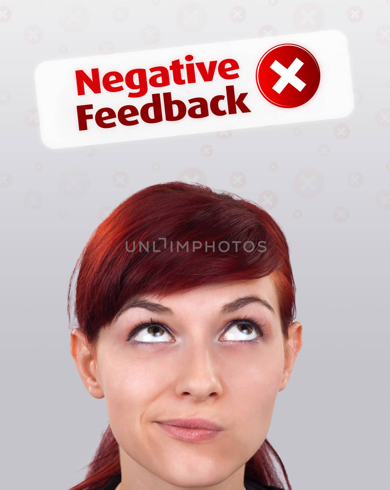 Young girl head looking with gesture at positive negative signs