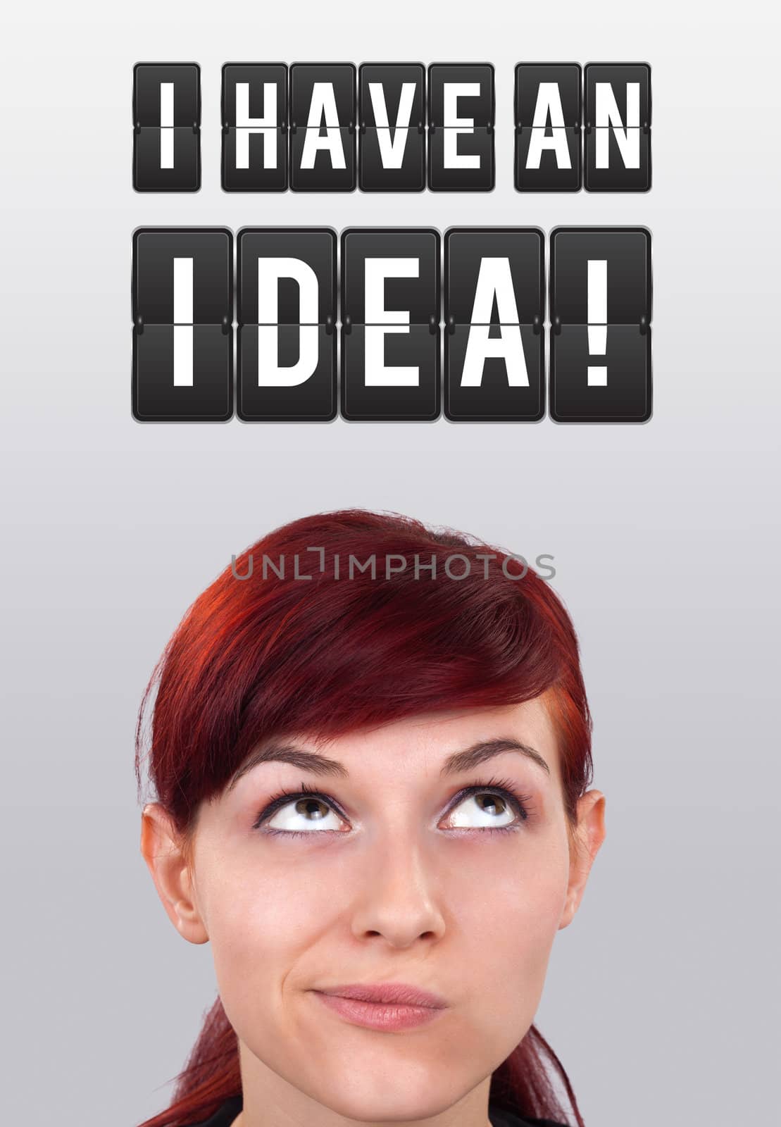 Young girl head looking with gesture at idea type of sign