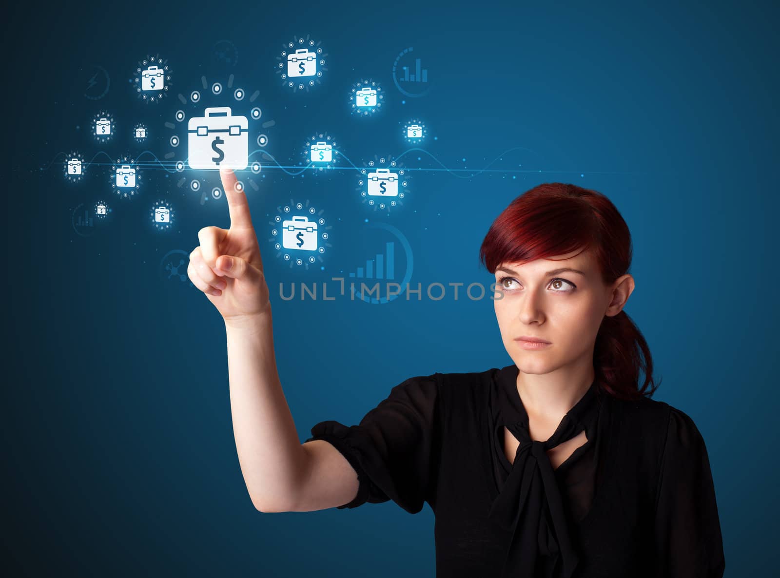 Businesswoman pressing business type of modern buttons with virtual background