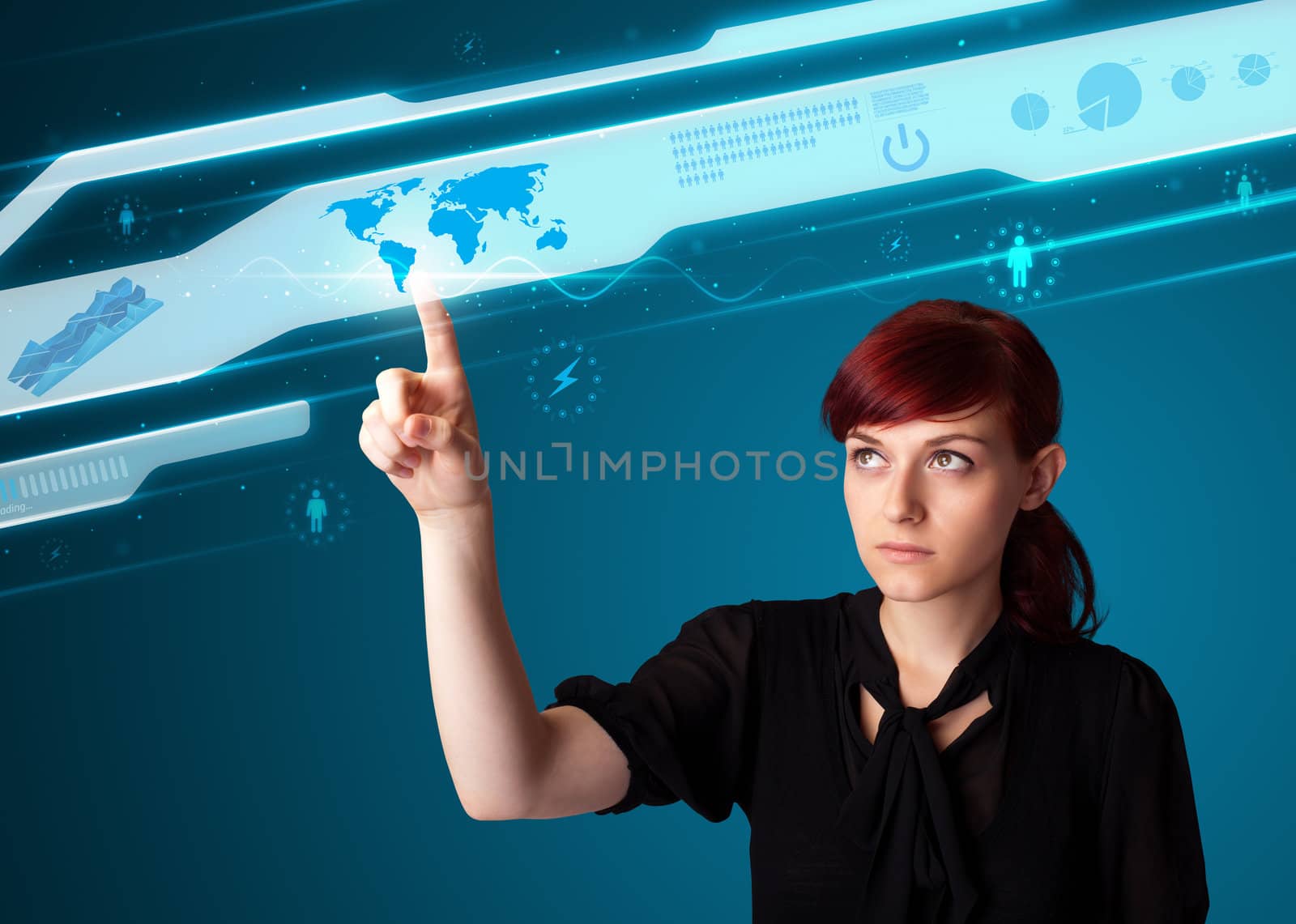 Businesswoman pressing high tech type of modern buttons on a virtual background