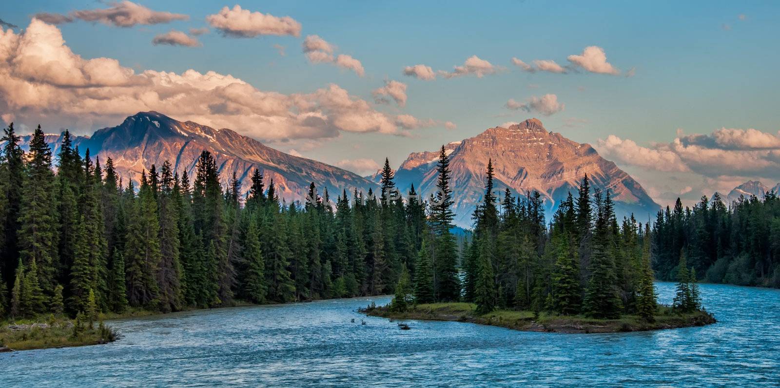 Photo of the mountains and forest behind the Athabasca River in Jasper National Park.