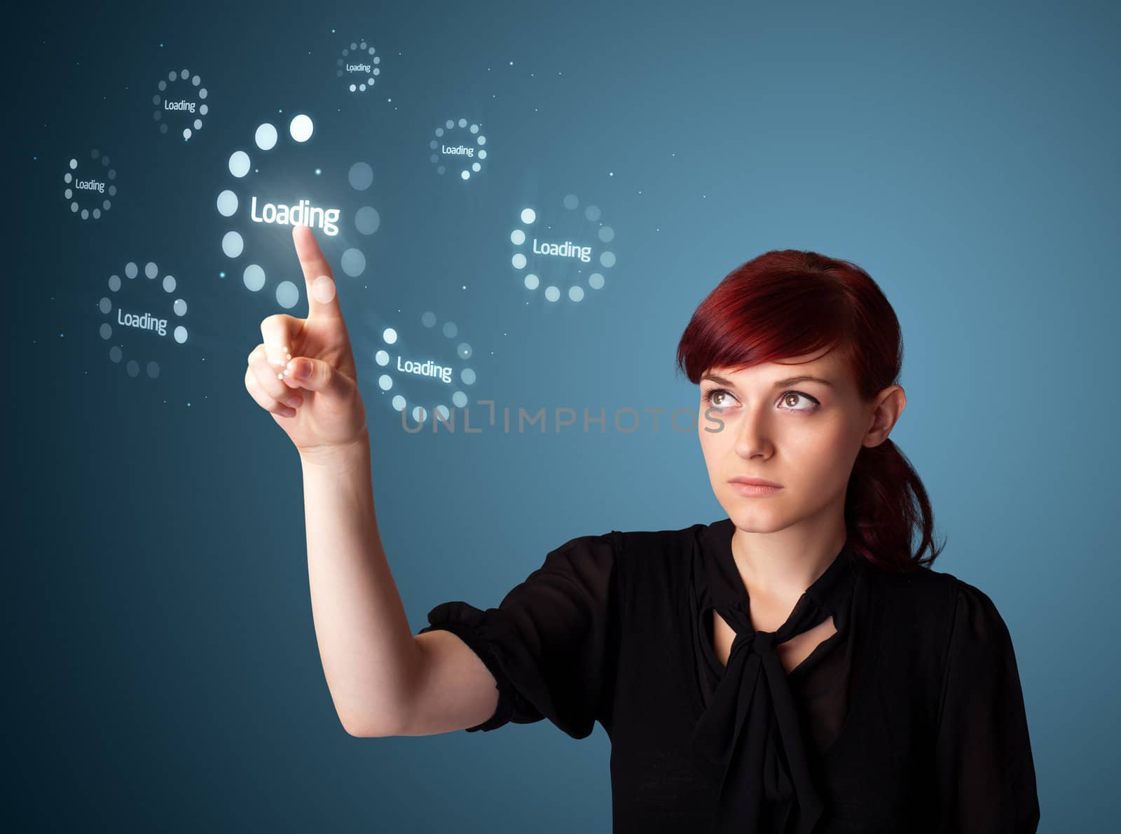 Businesswoman pressing simple start buttons on a virtual background