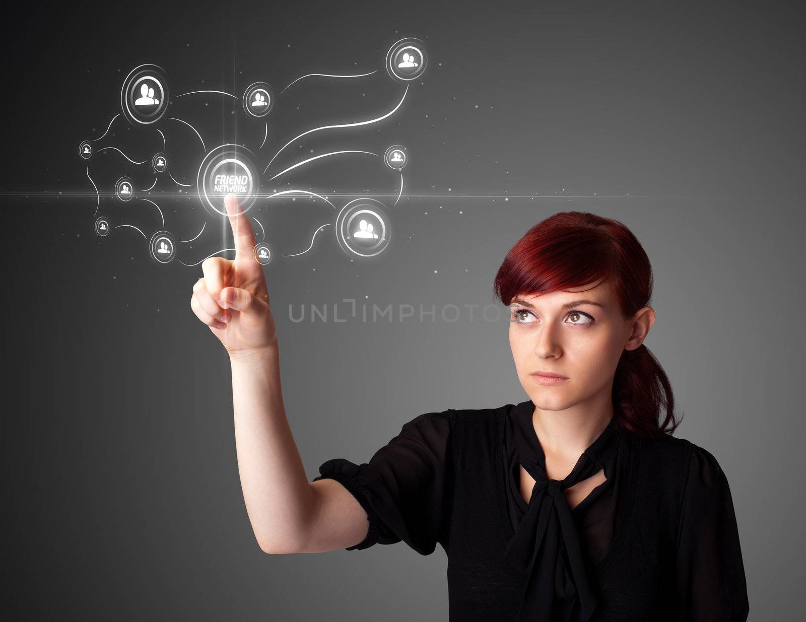 Businesswoman pressing modern social buttons on a virtual background