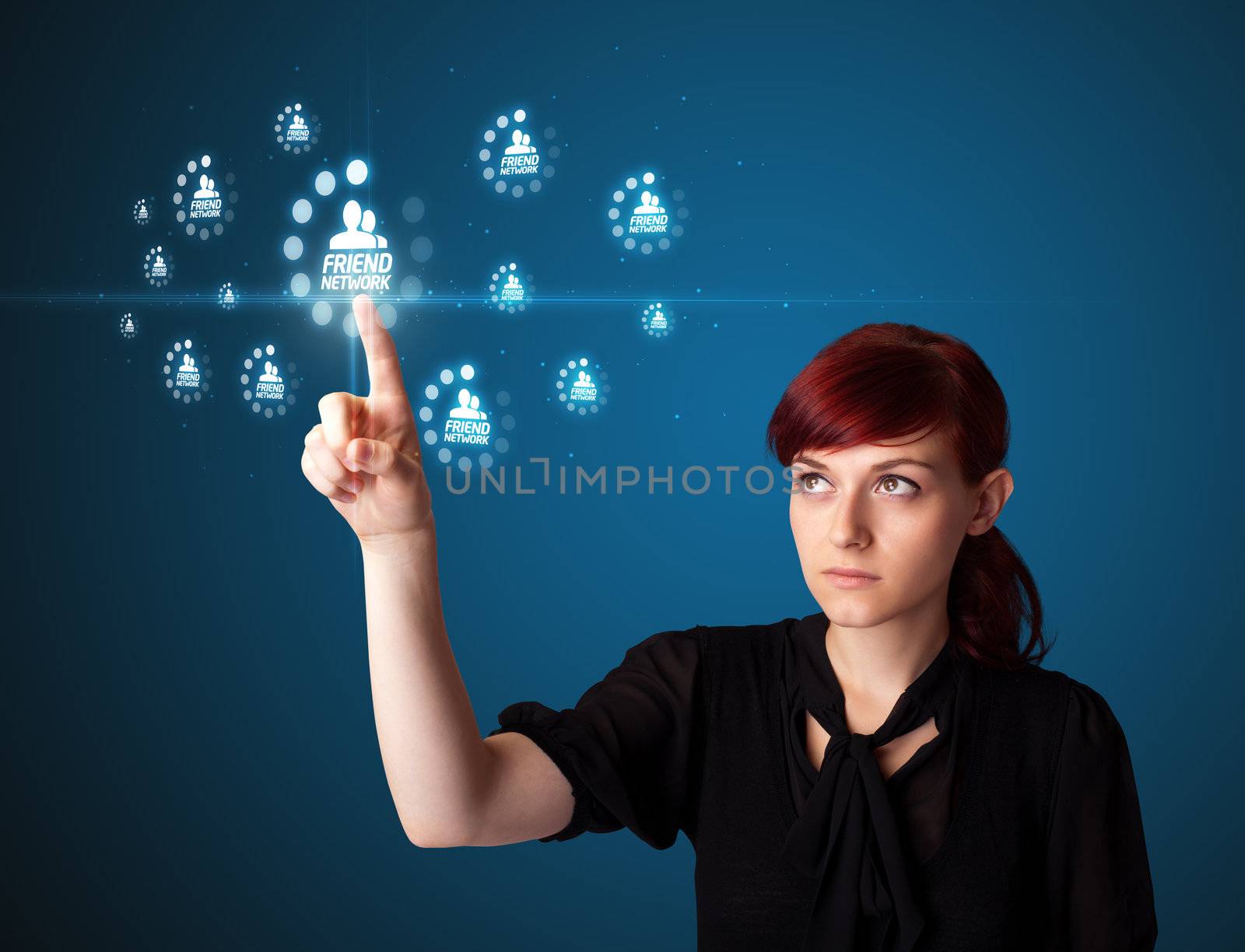 Businesswoman pressing modern social buttons on a virtual background