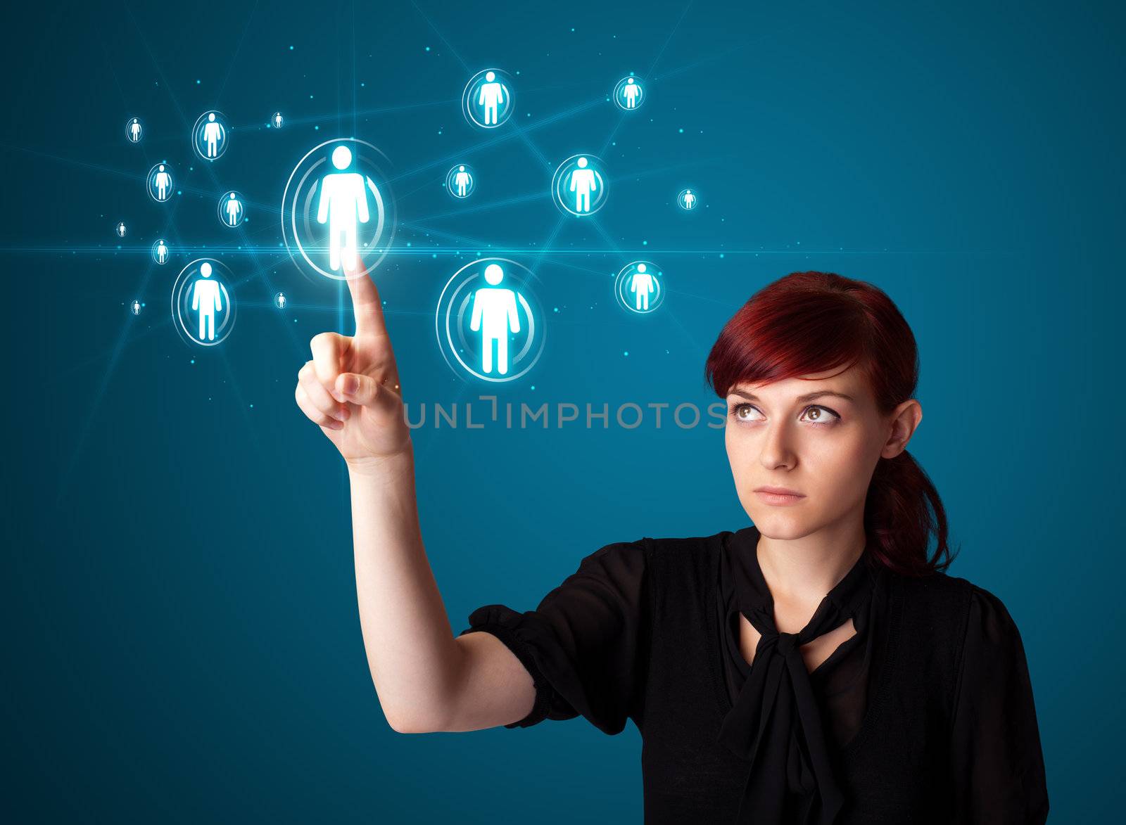 Businesswoman pressing modern social buttons on a virtual background