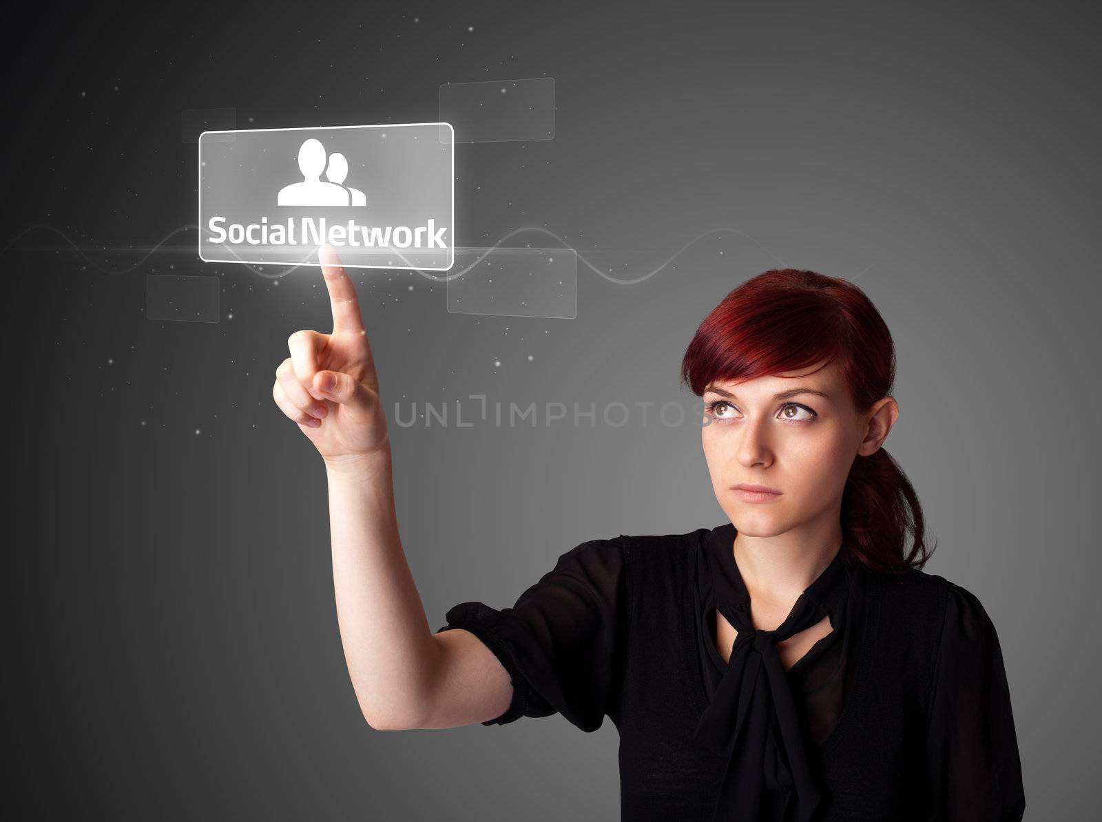 Businesswoman pressing modern social buttons on a virtual background