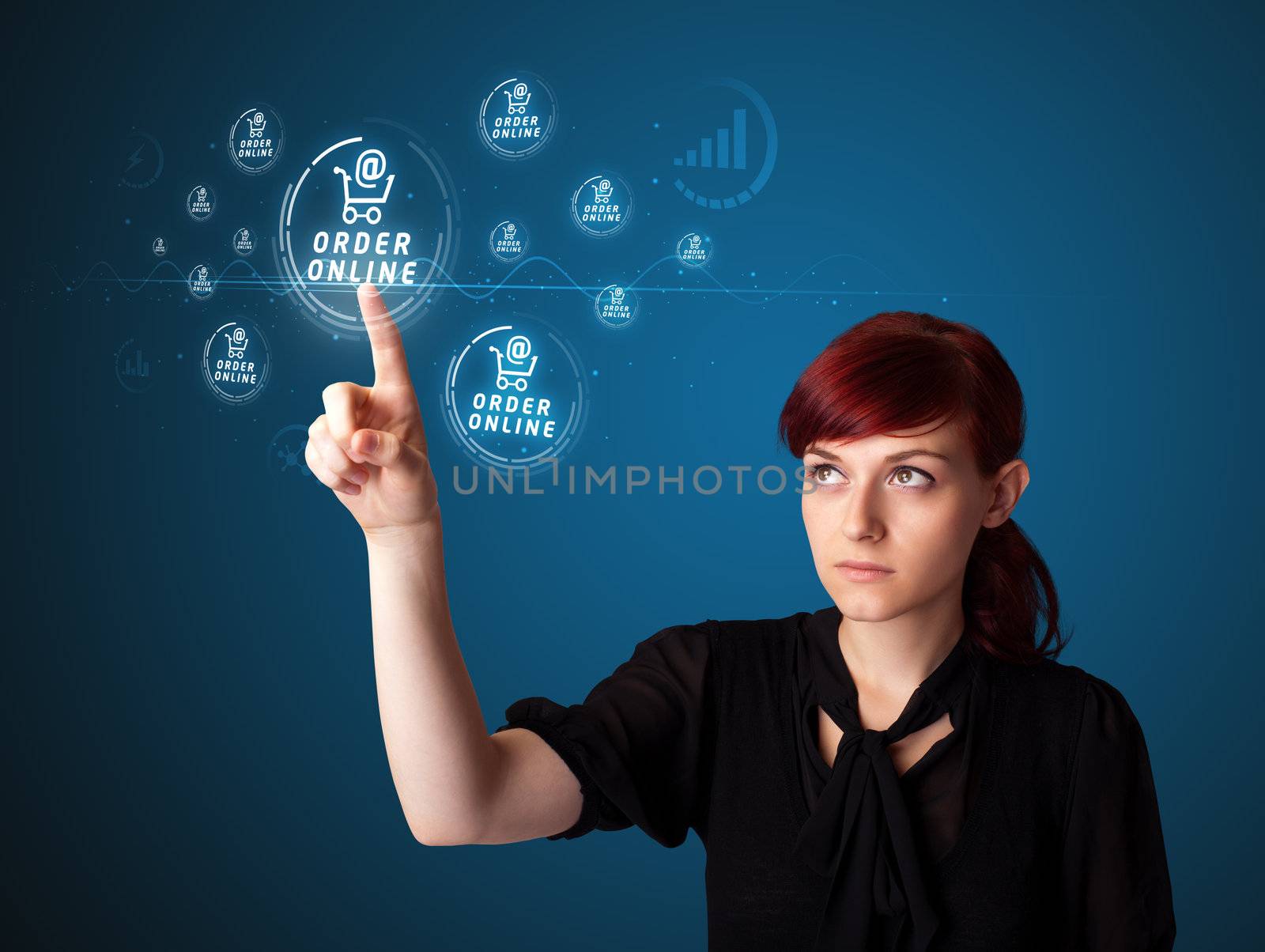 Businesswoman pressing virtual promotion and shipping type of ic by ra2studio