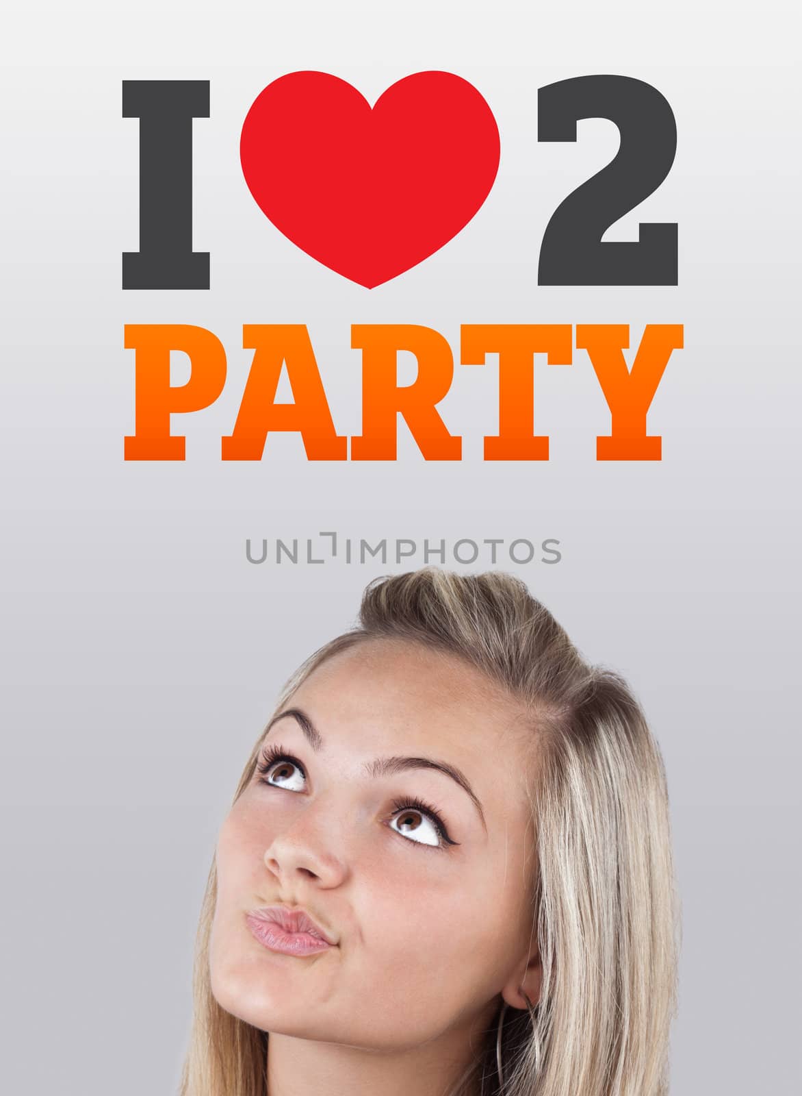 Young girl head looking with gesture at party icons and sign