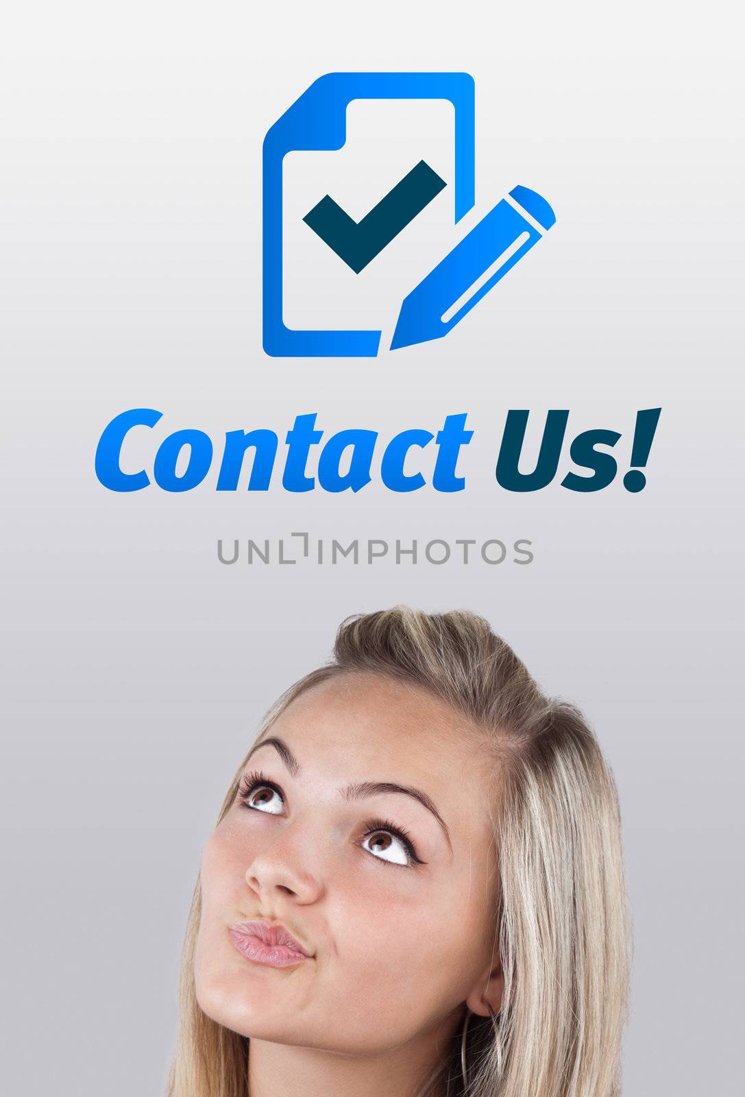 Young girl head looking with gesture at support contact type of icons and signs