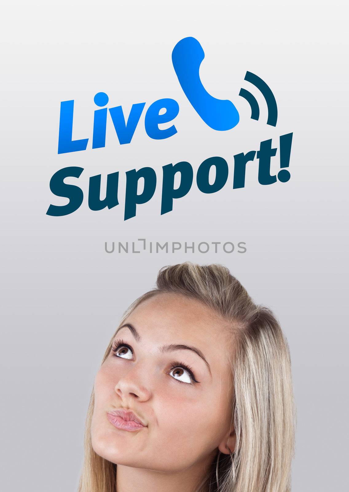 Young girl head looking with gesture at support contact type of icons and signs