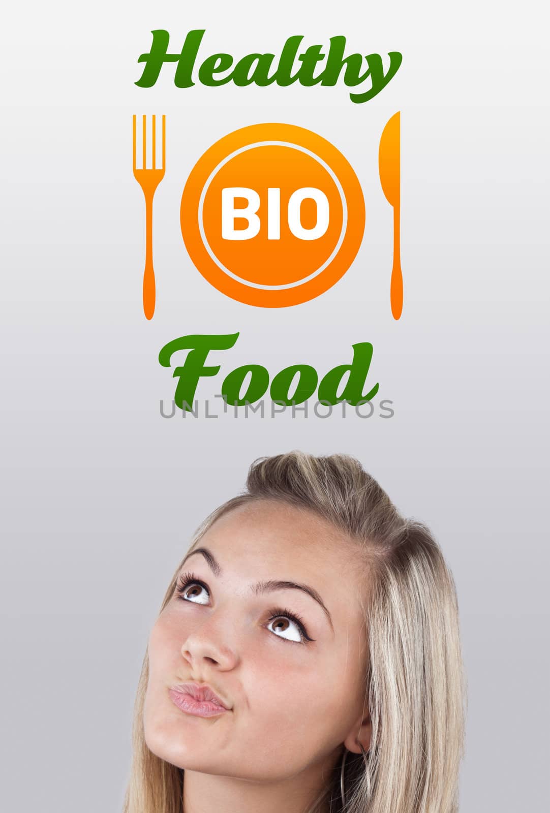 Young girl head looking with gesture at healthy food sign