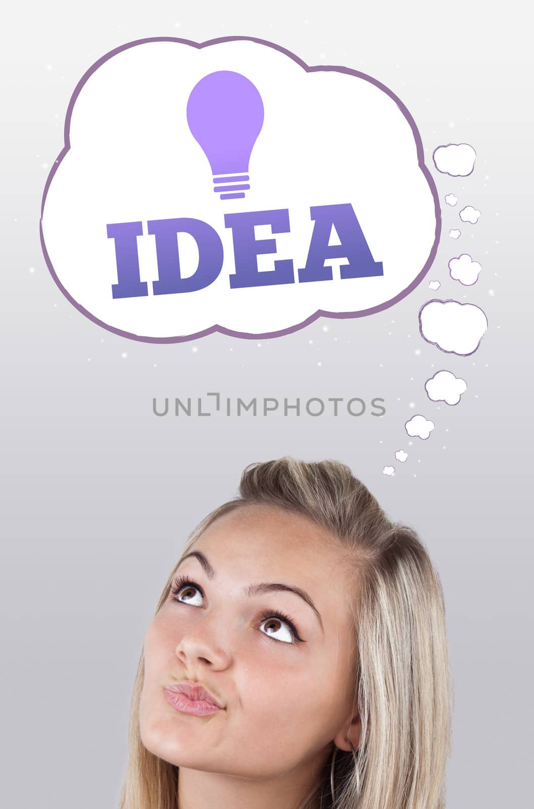 Young girl head looking with gesture at idea type of sign