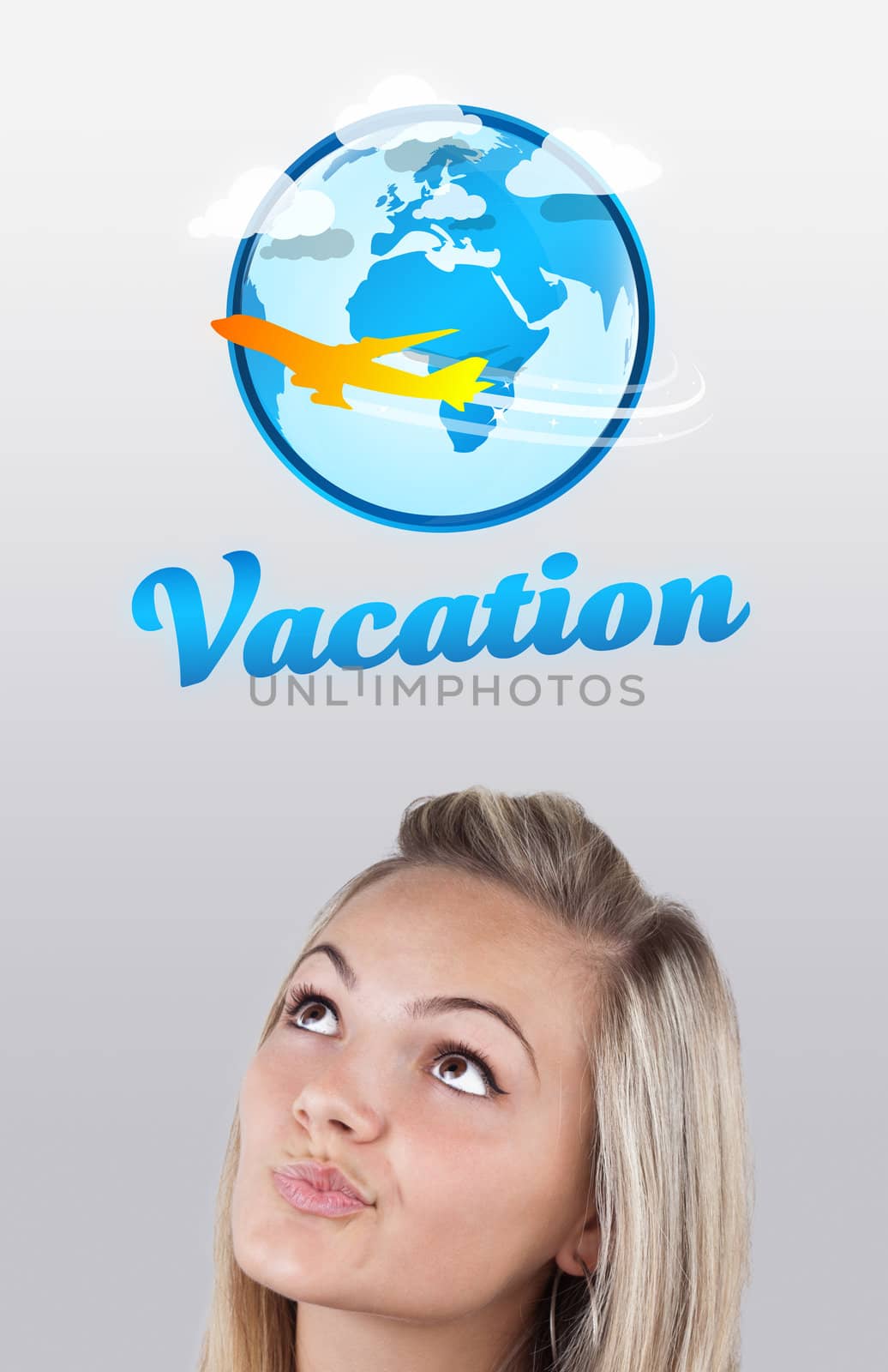 Young girl looking at vacation type of sign by ra2studio